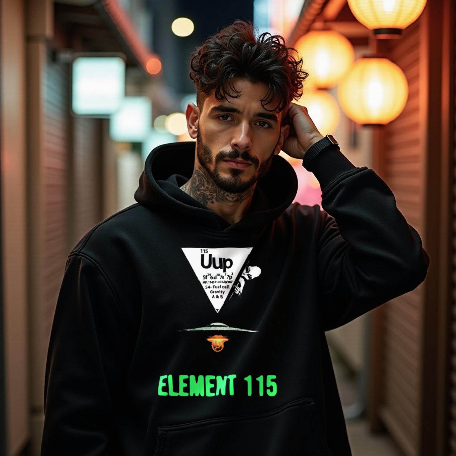 Element 115 Fuel Cell hoodie in Black, worn by a model (on a narrow Tokyo street at night). AI-generated image: model and scene are AI-generated; the print is the real artwork.