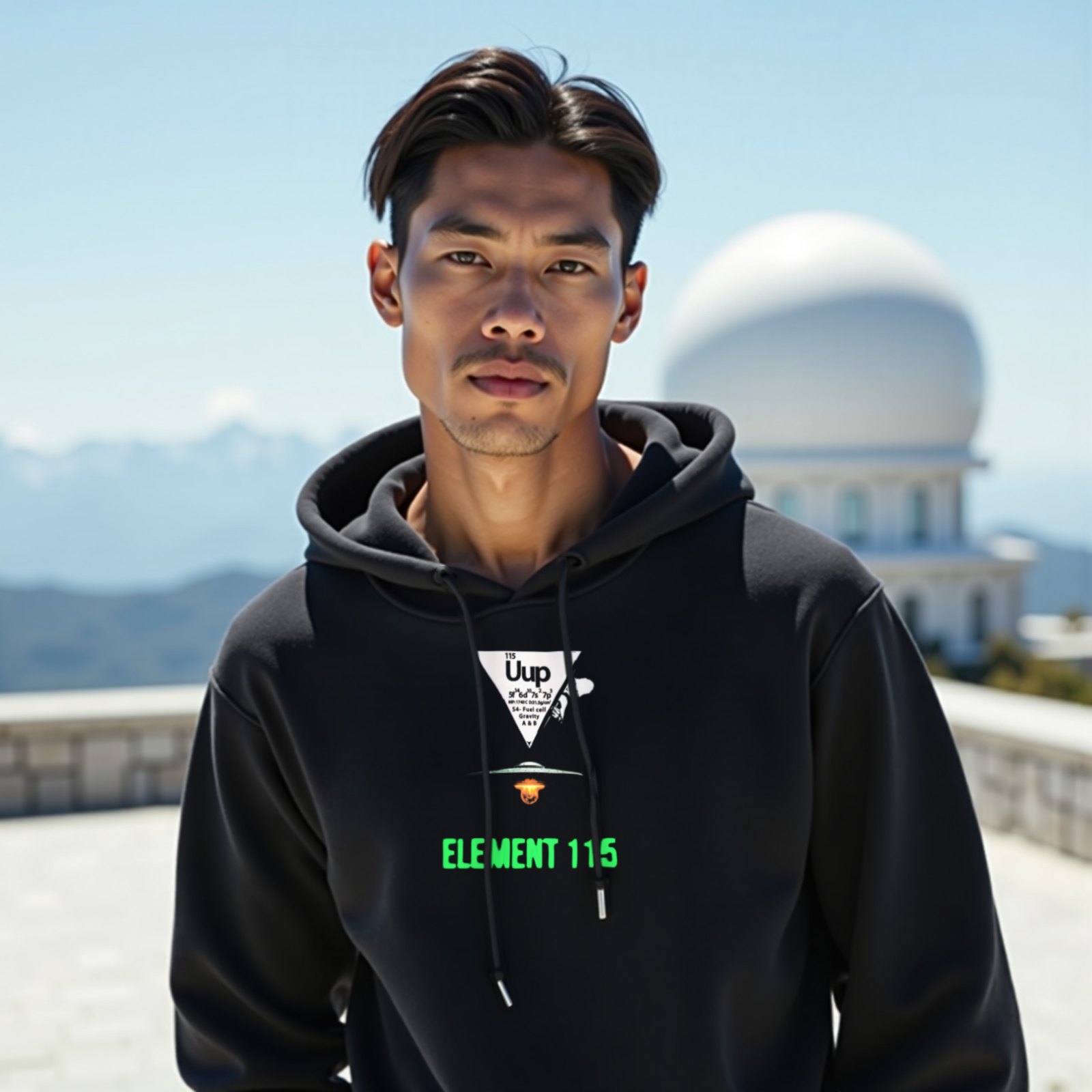 Element 115 Fuel Cell hoodie in Black, worn by a model (on the white stone terrace of a mountain-top observatory on a bright clear day). AI-generated image: model and scene are AI-generated; the print is the real artwork.