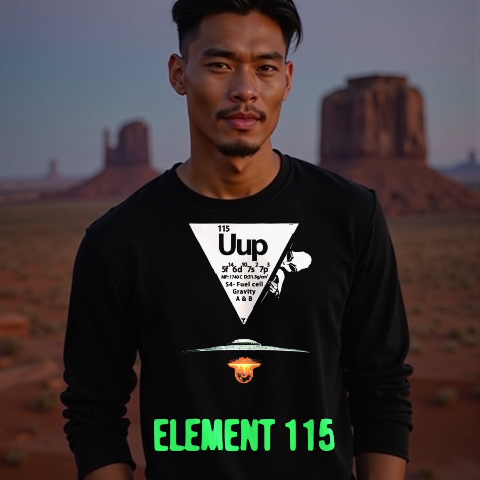 Element 115 Fuel Cell long-sleeve T-shirt in Black, worn by a model (in Monument Valley at dusk). AI-generated image: model and scene are AI-generated; the print is the real artwork.