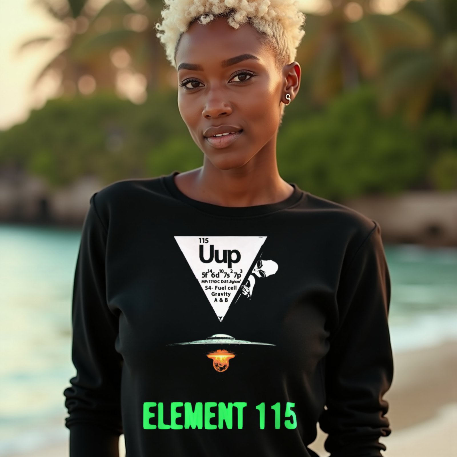 Element 115 Fuel Cell long-sleeve T-shirt in Black, worn by a model (on a tropical beach at golden hour). AI-generated image: model and scene are AI-generated; the print is the real artwork.