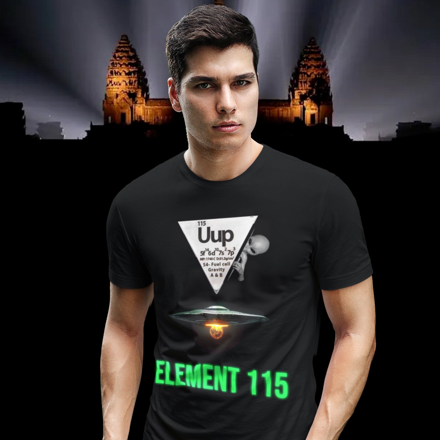 Element 115 Fuel Cell T-shirt in Black, front print, worn by a model (Angkor temple light beams). AI-edited photo: the real print artwork was digitally placed on a model photo.