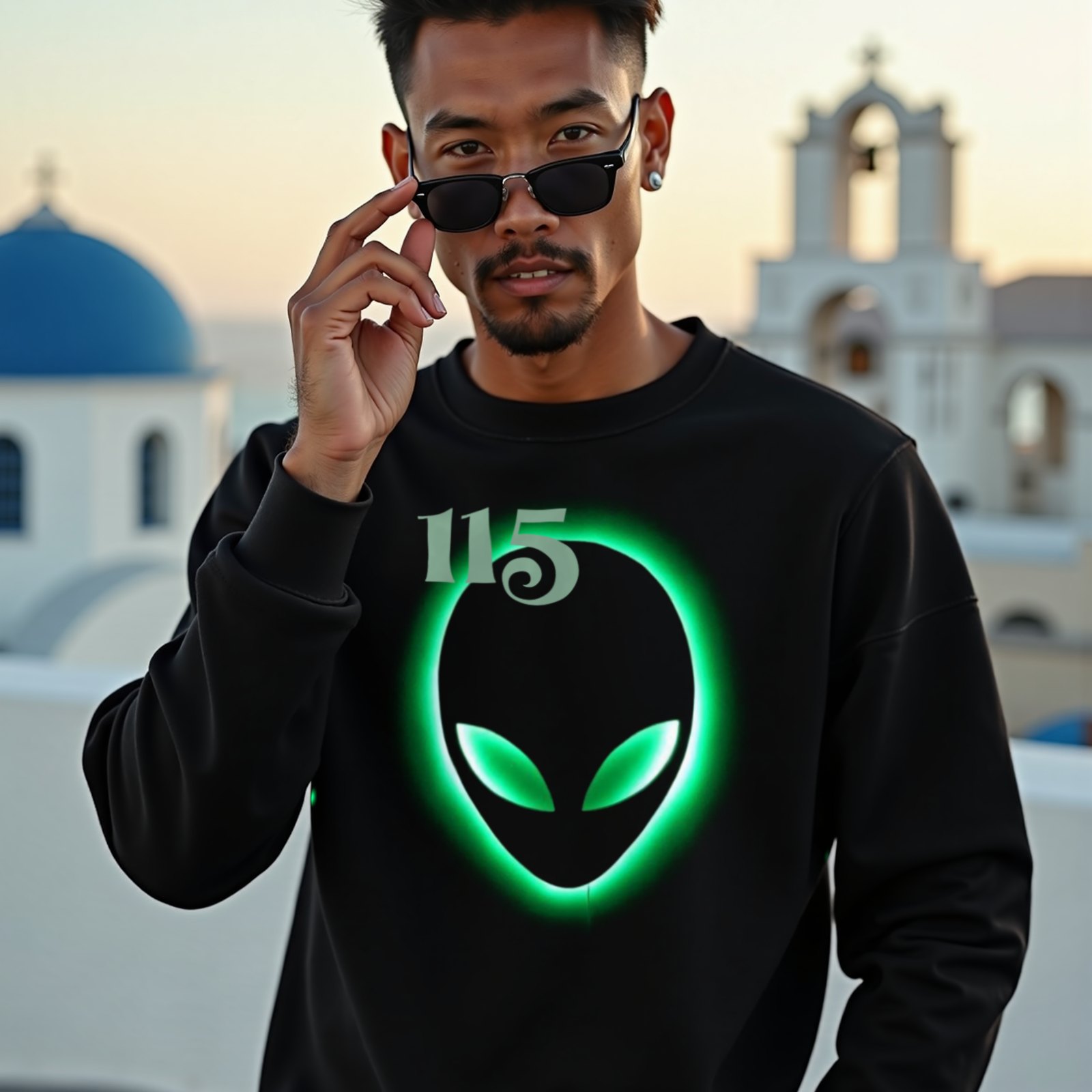 Element 115 – Glowing Alien Grey crewneck sweatshirt in Black, worn by a model (on a whitewashed Santorini terrace at golden hour). AI-generated image: model and scene are AI-generated; the print is the real artwork.