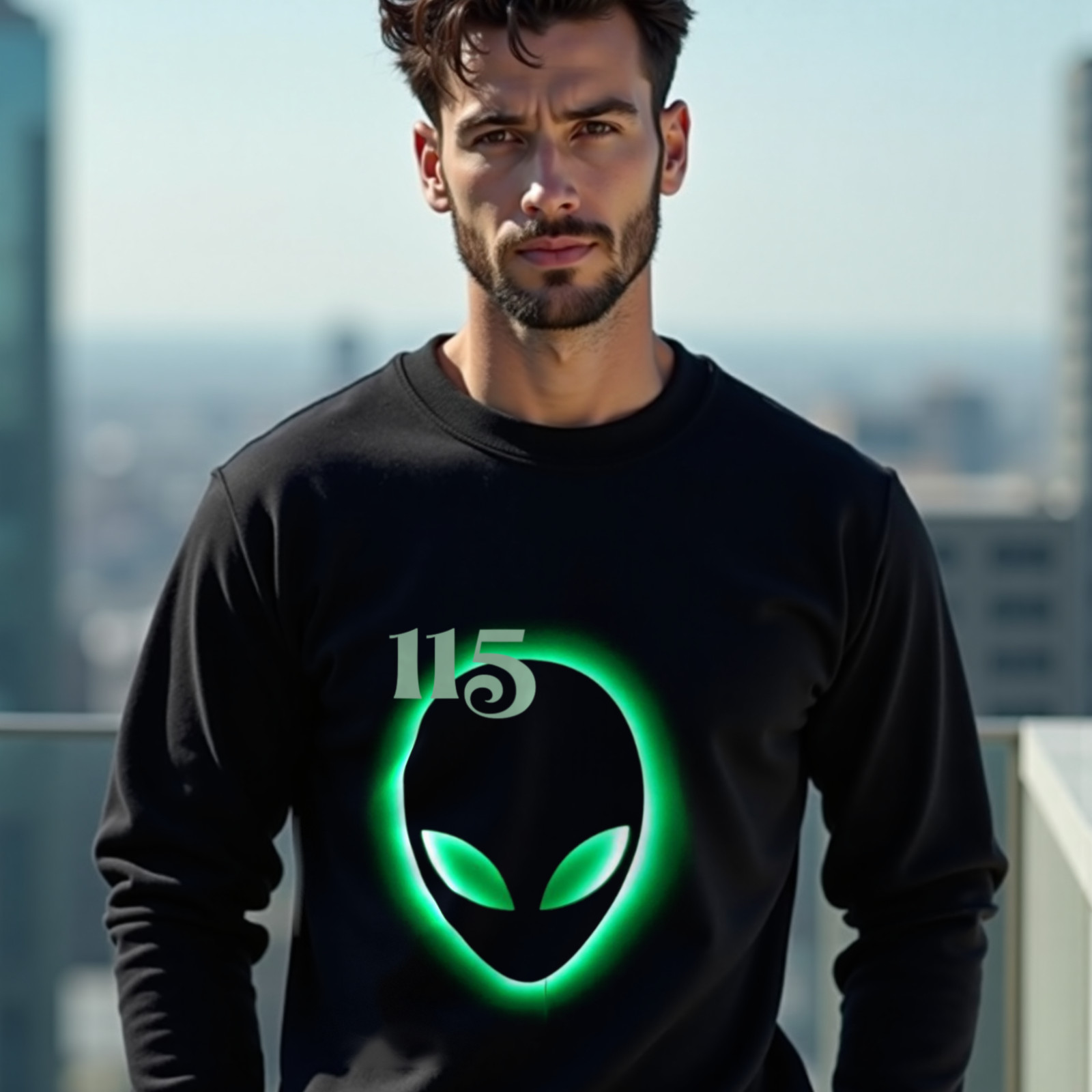Element 115 – Glowing Alien Grey crewneck sweatshirt in Black, worn by a model (on a rooftop terrace above a modern city skyline on a clear day). AI-generated image: model and scene are AI-generated; the print is the real artwork.