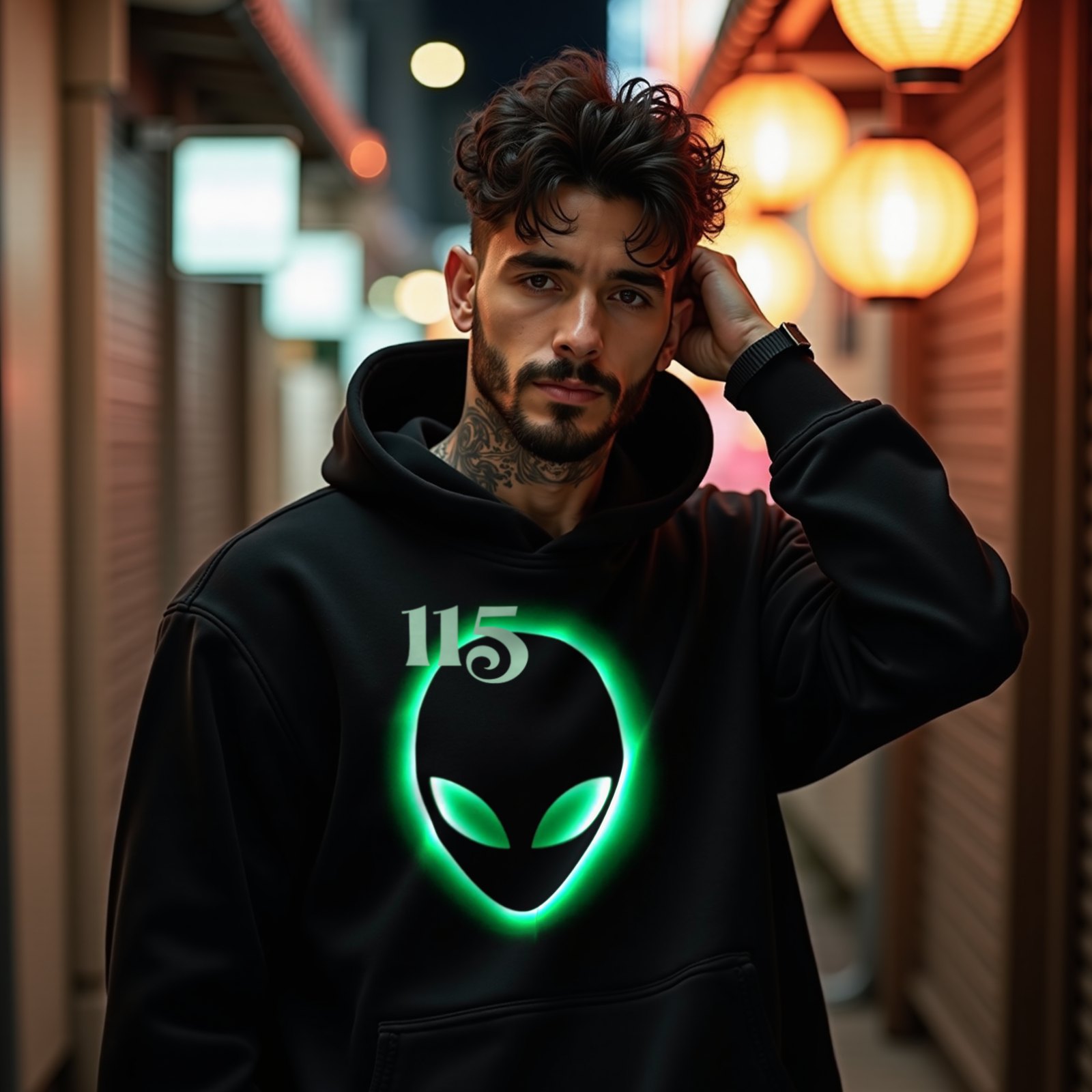 Element 115 – Glowing Alien Grey hoodie in Black, worn by a model (on a narrow Tokyo street at night). AI-generated image: model and scene are AI-generated; the print is the real artwork.