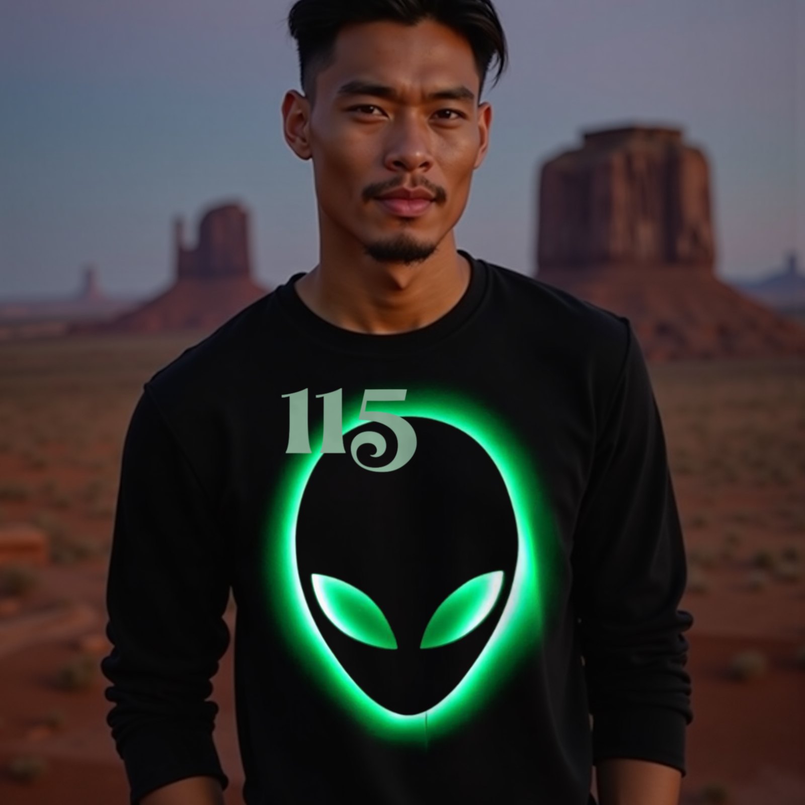Element 115 – Glowing Alien Grey long-sleeve T-shirt in Black, worn by a model (in Monument Valley at dusk). AI-generated image: model and scene are AI-generated; the print is the real artwork.