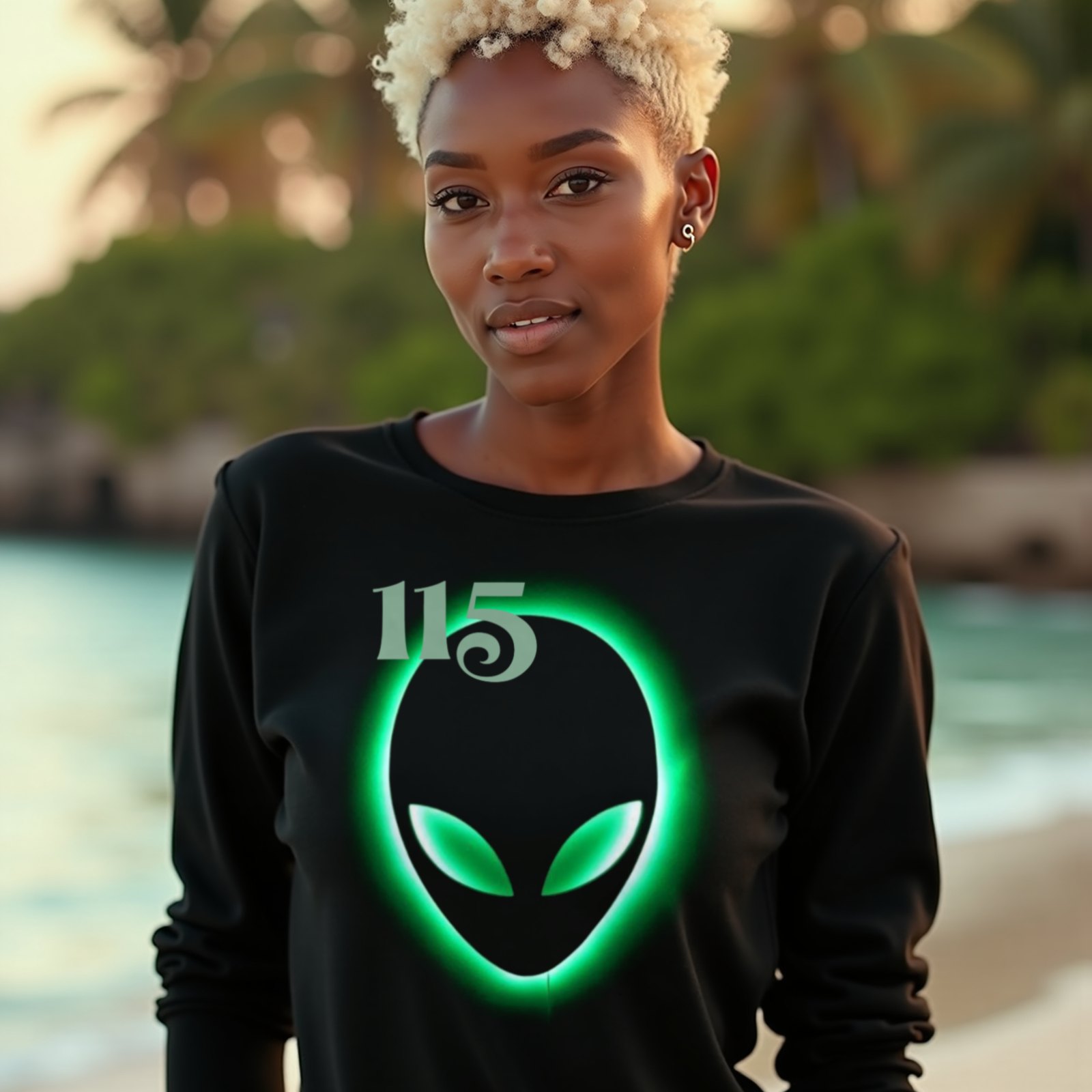Element 115 – Glowing Alien Grey long-sleeve T-shirt in Black, worn by a model (on a tropical beach at golden hour). AI-generated image: model and scene are AI-generated; the print is the real artwork.
