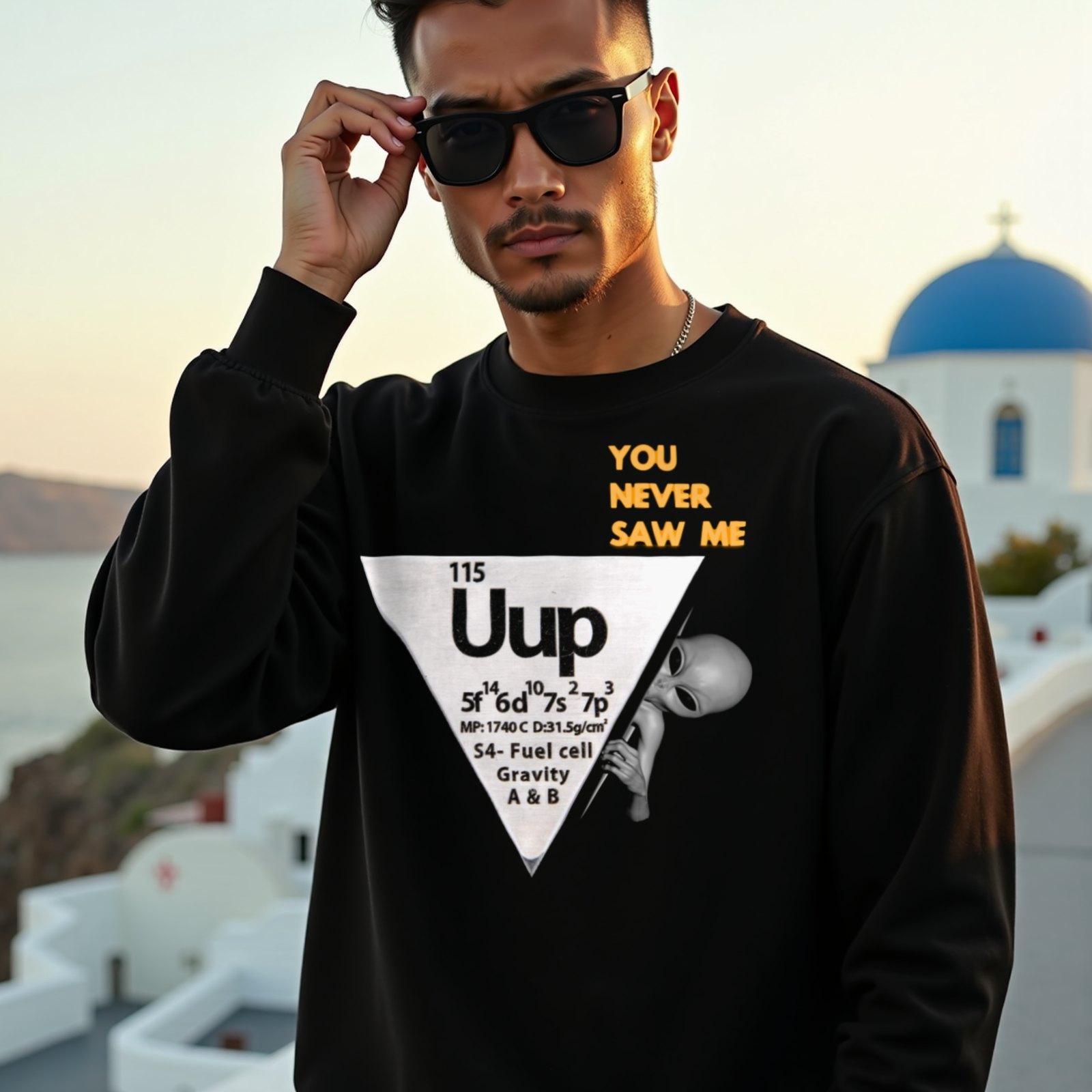 Element 115 – Uup You Never Saw Me crewneck sweatshirt in Black, worn by a model (on a whitewashed Santorini terrace at golden hour). AI-generated image: model and scene are AI-generated; the print is the real artwork.