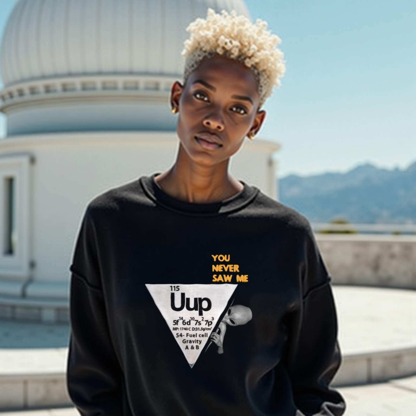 Element 115 – Uup You Never Saw Me crewneck sweatshirt in Black, worn by a model (on the white stone terrace of a mountain-top observatory on a bright clear day). AI-generated image: model and scene are AI-generated; the print is the real artwork.