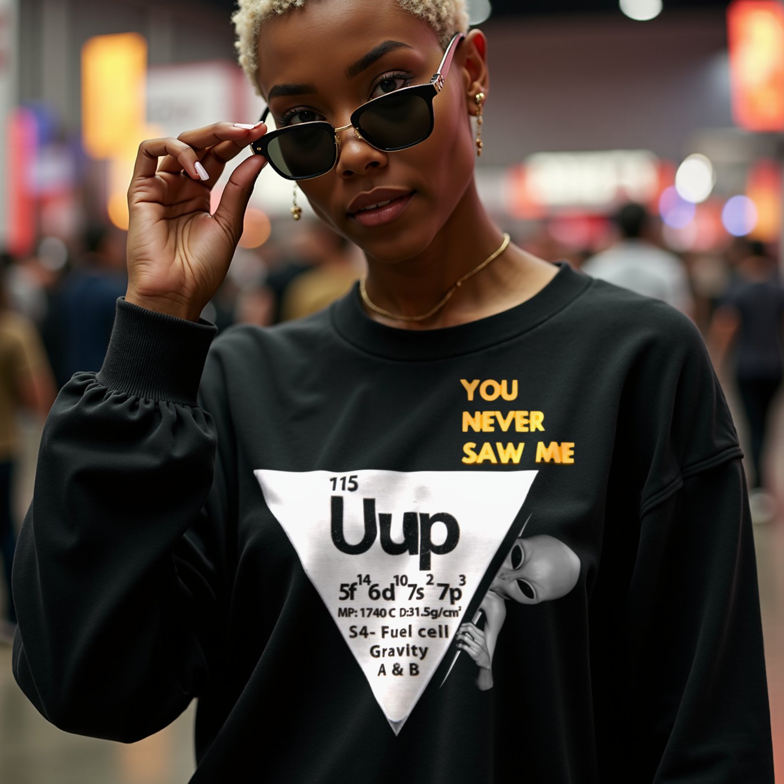 Element 115 – Uup You Never Saw Me crewneck sweatshirt in Black, worn by a model (in a busy science-fiction fan convention hall). AI-generated image: model and scene are AI-generated; the print is the real artwork.