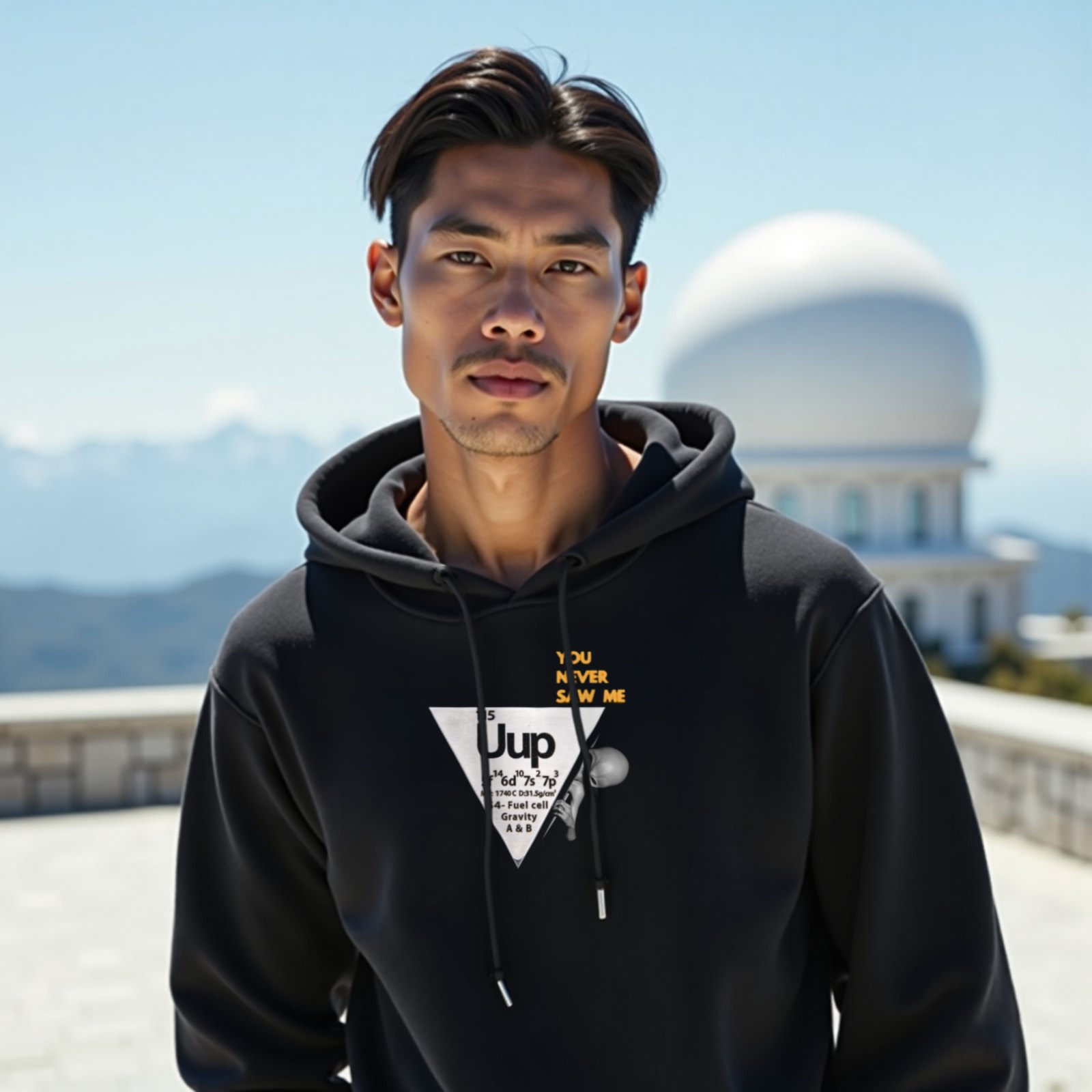 Element 115 – Uup You Never Saw Me hoodie in Black, worn by a model (on the white stone terrace of a mountain-top observatory on a bright clear day). AI-generated image: model and scene are AI-generated; the print is the real artwork.