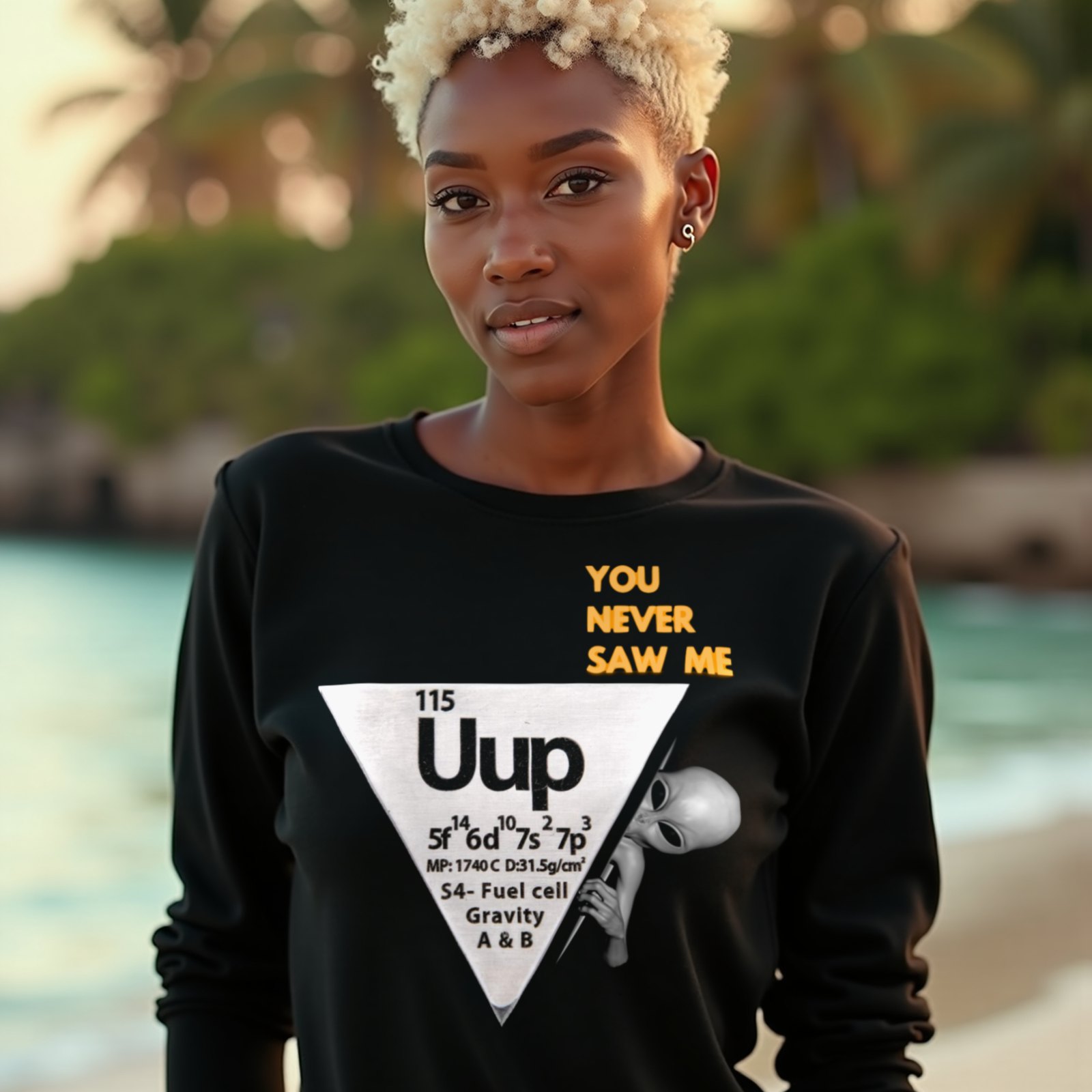 Element 115 – Uup You Never Saw Me long-sleeve T-shirt in Black, worn by a model (on a tropical beach at golden hour). AI-generated image: model and scene are AI-generated; the print is the real artwork.