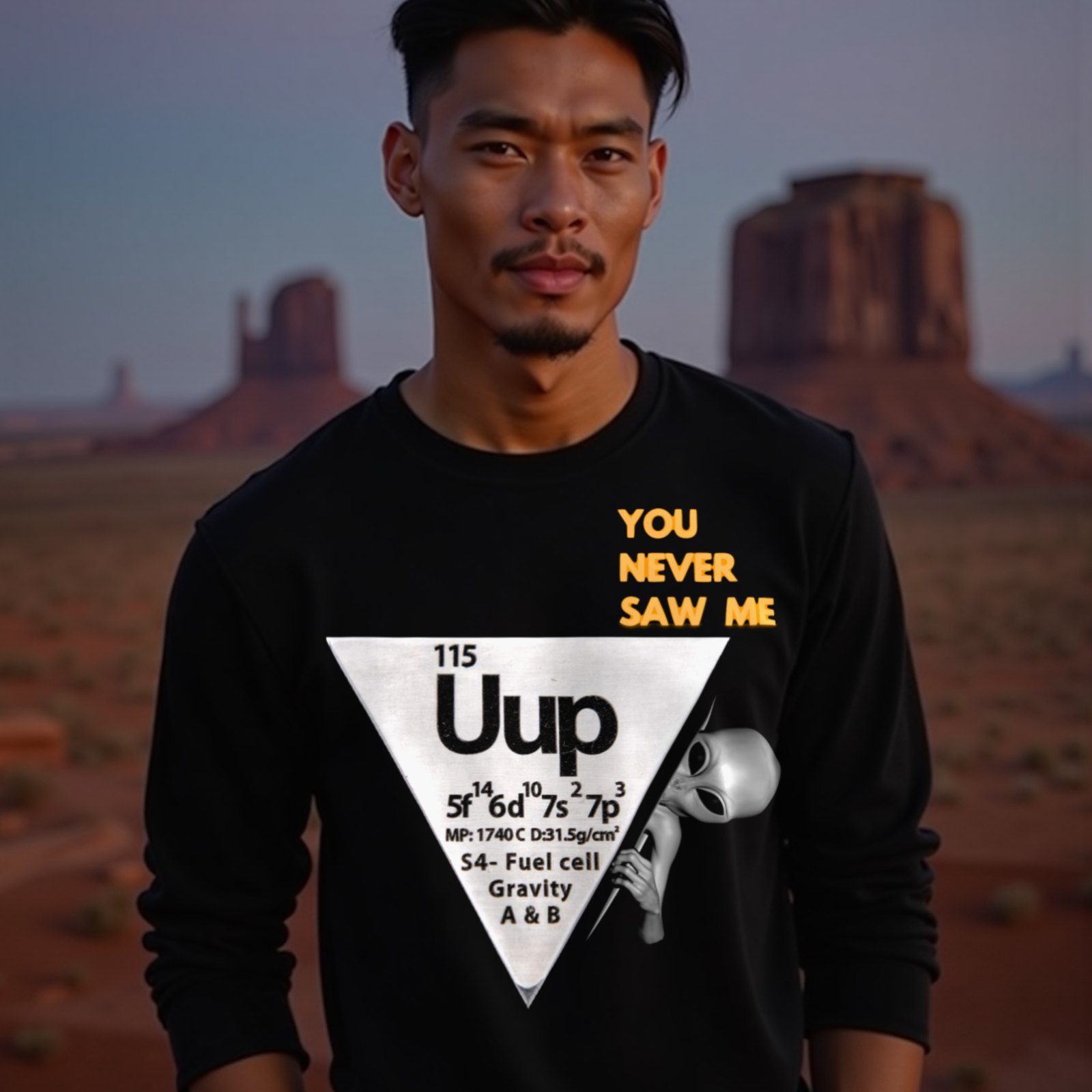 Element 115 – Uup You Never Saw Me long-sleeve T-shirt in Black, worn by a model (in Monument Valley at dusk). AI-generated image: model and scene are AI-generated; the print is the real artwork.