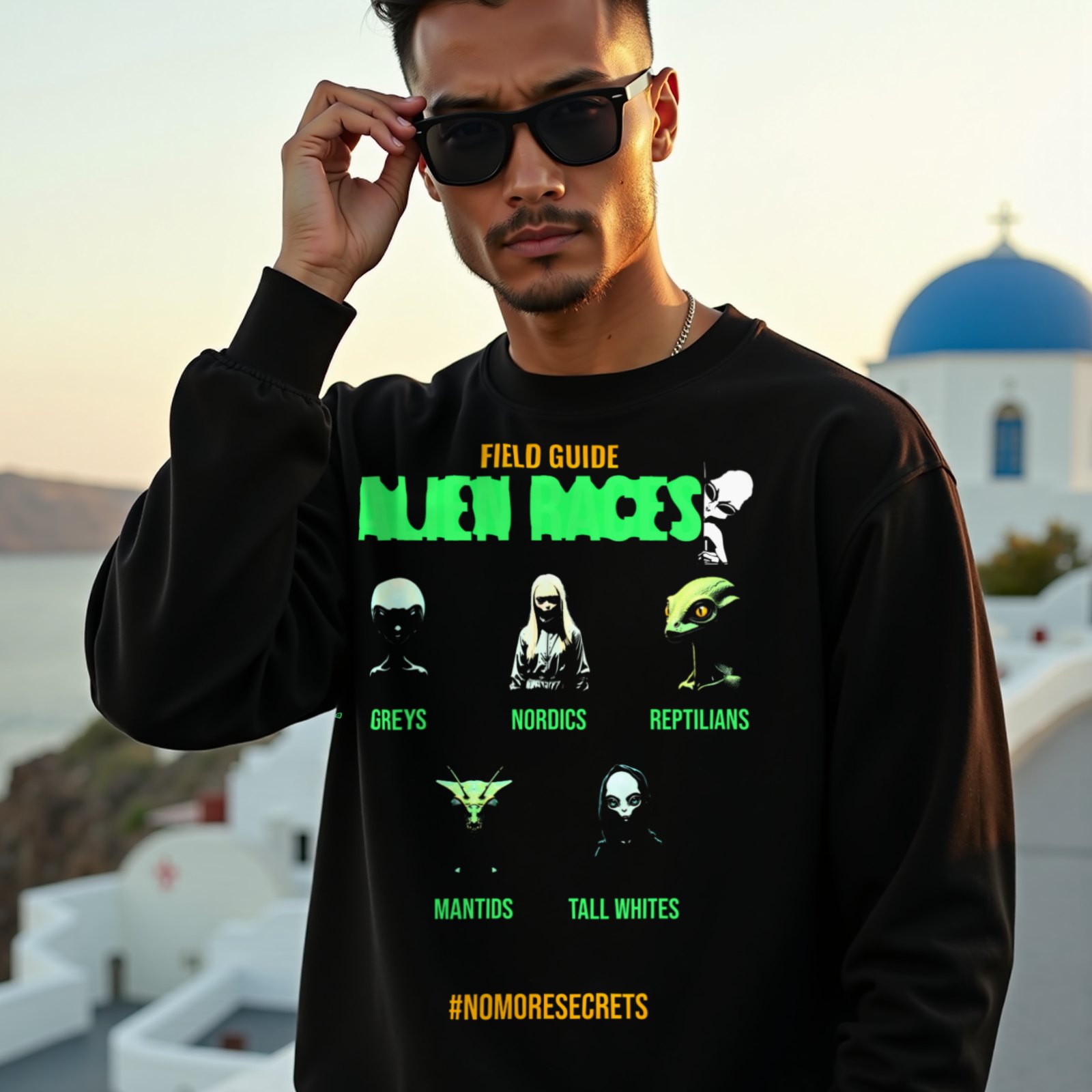 Field Guide to Alien Races crewneck sweatshirt in Black, worn by a model (on a whitewashed Santorini terrace at golden hour). AI-generated image: model and scene are AI-generated; the print is the real artwork.
