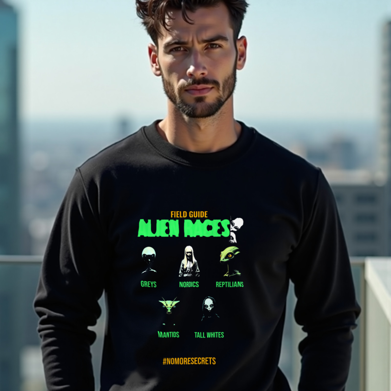 Field Guide to Alien Races crewneck sweatshirt in Black, worn by a model (on a rooftop terrace above a modern city skyline on a clear day). AI-generated image: model and scene are AI-generated; the print is the real artwork.