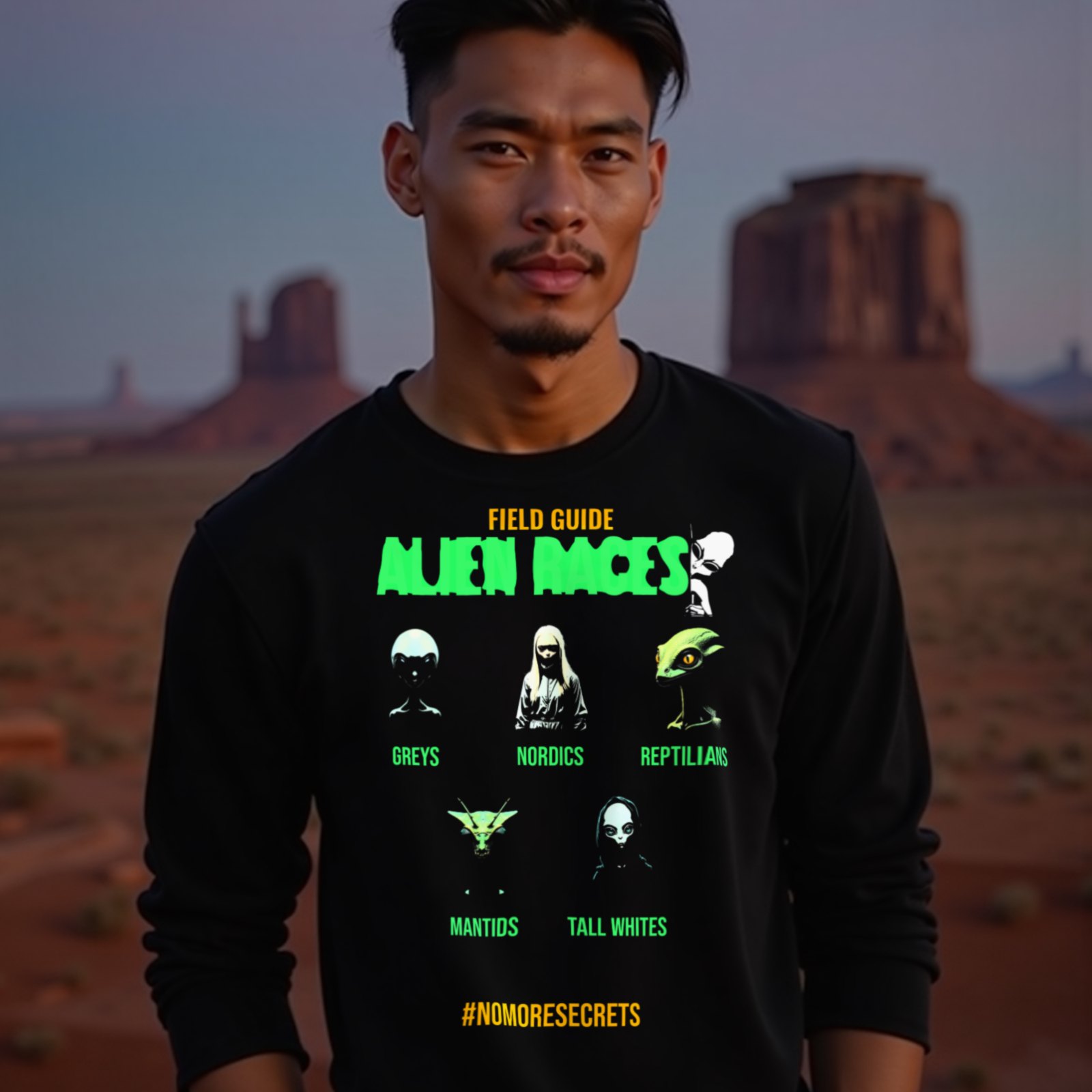 Field Guide to Alien Races long-sleeve T-shirt in Black, worn by a model (in Monument Valley at dusk). AI-generated image: model and scene are AI-generated; the print is the real artwork.