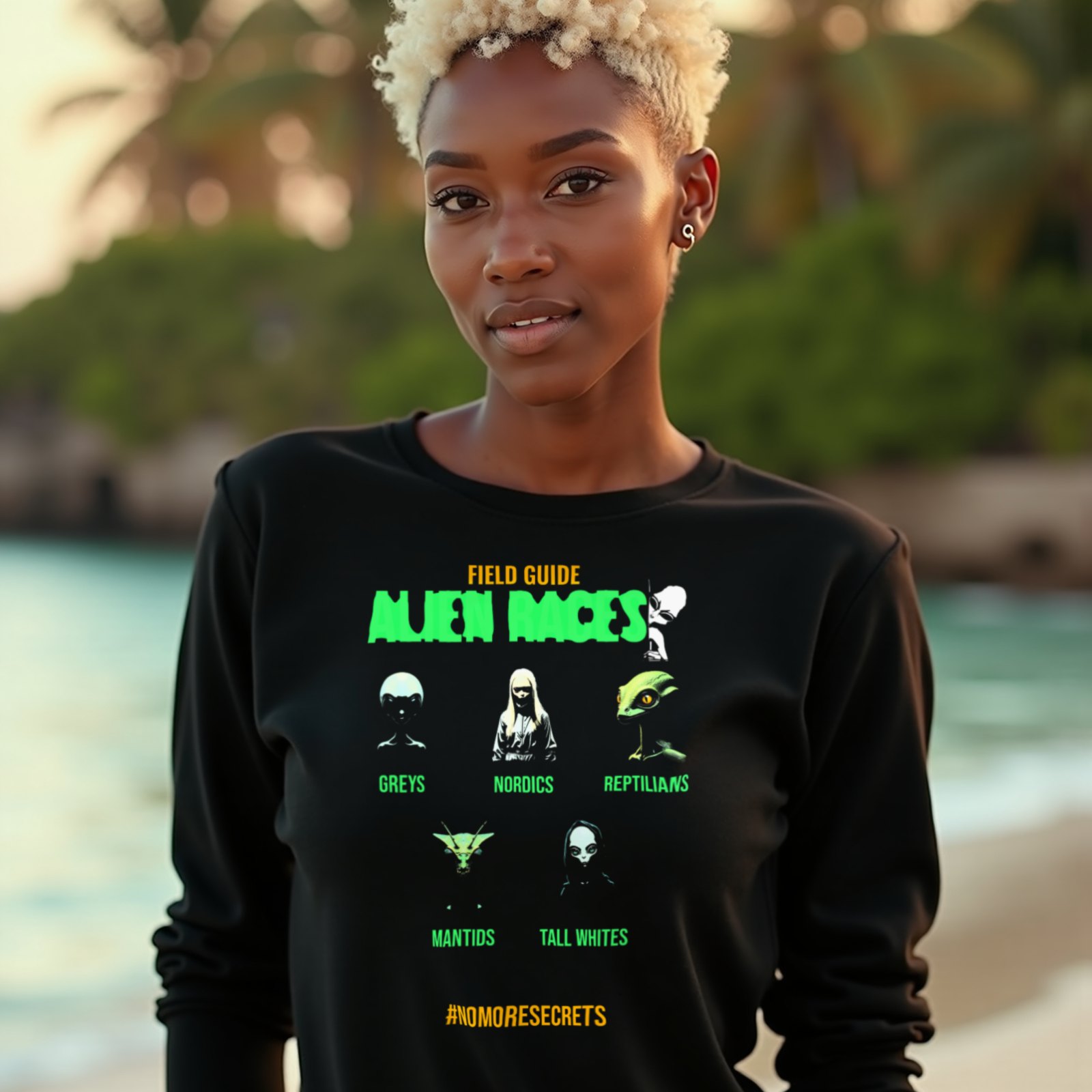 Field Guide to Alien Races long-sleeve T-shirt in Black, worn by a model (on a tropical beach at golden hour). AI-generated image: model and scene are AI-generated; the print is the real artwork.
