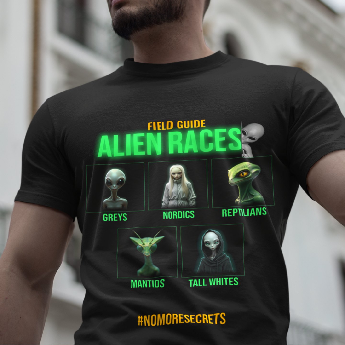 Field Guide to Alien Races T-shirt in Black, front print, worn by a model (classic architecture, day). AI-edited photo: the real print artwork was digitally placed on a model photo.