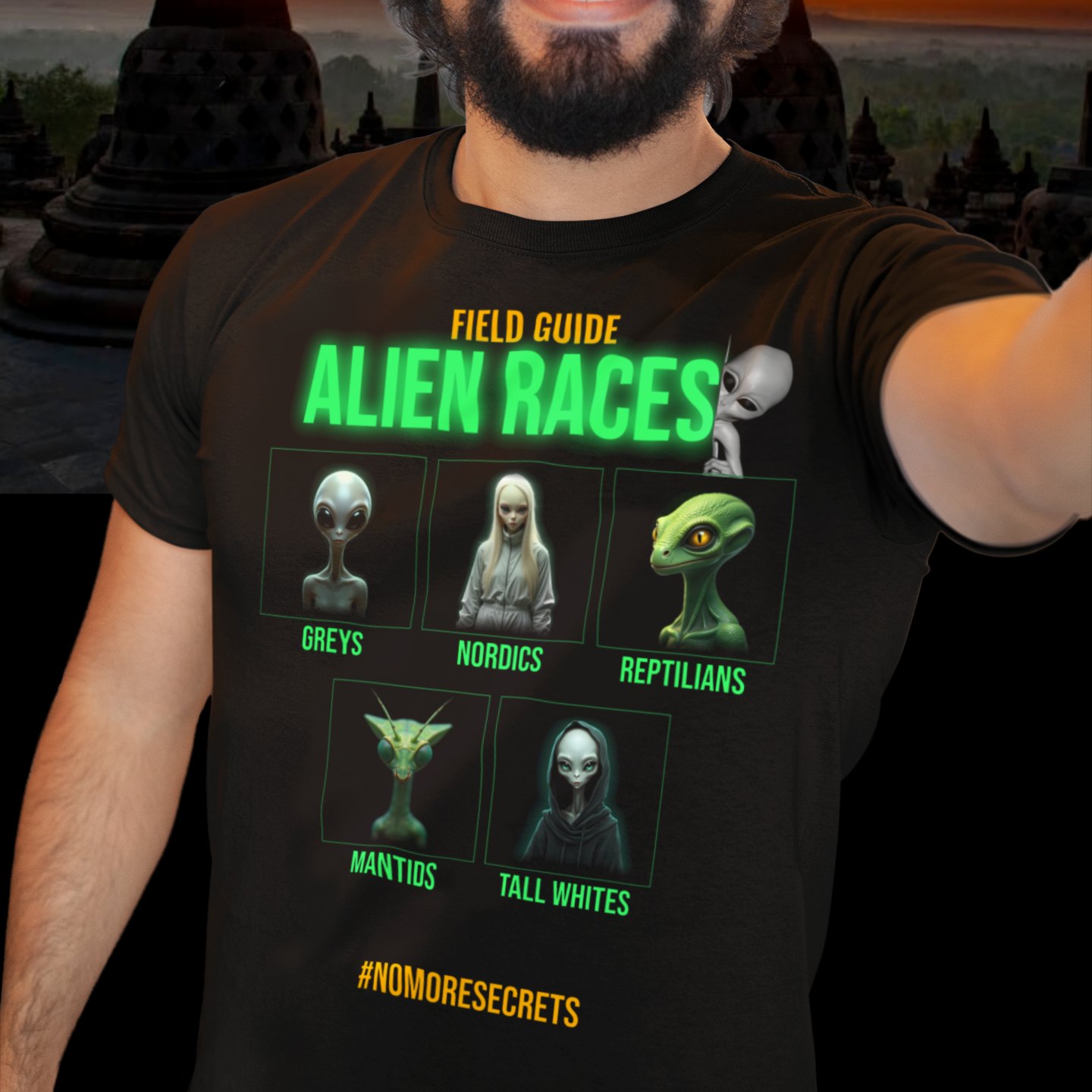 Field Guide to Alien Races T-shirt in Black, front print, worn by a model (temple at sunset). AI-edited photo: the real print artwork was digitally placed on a model photo.