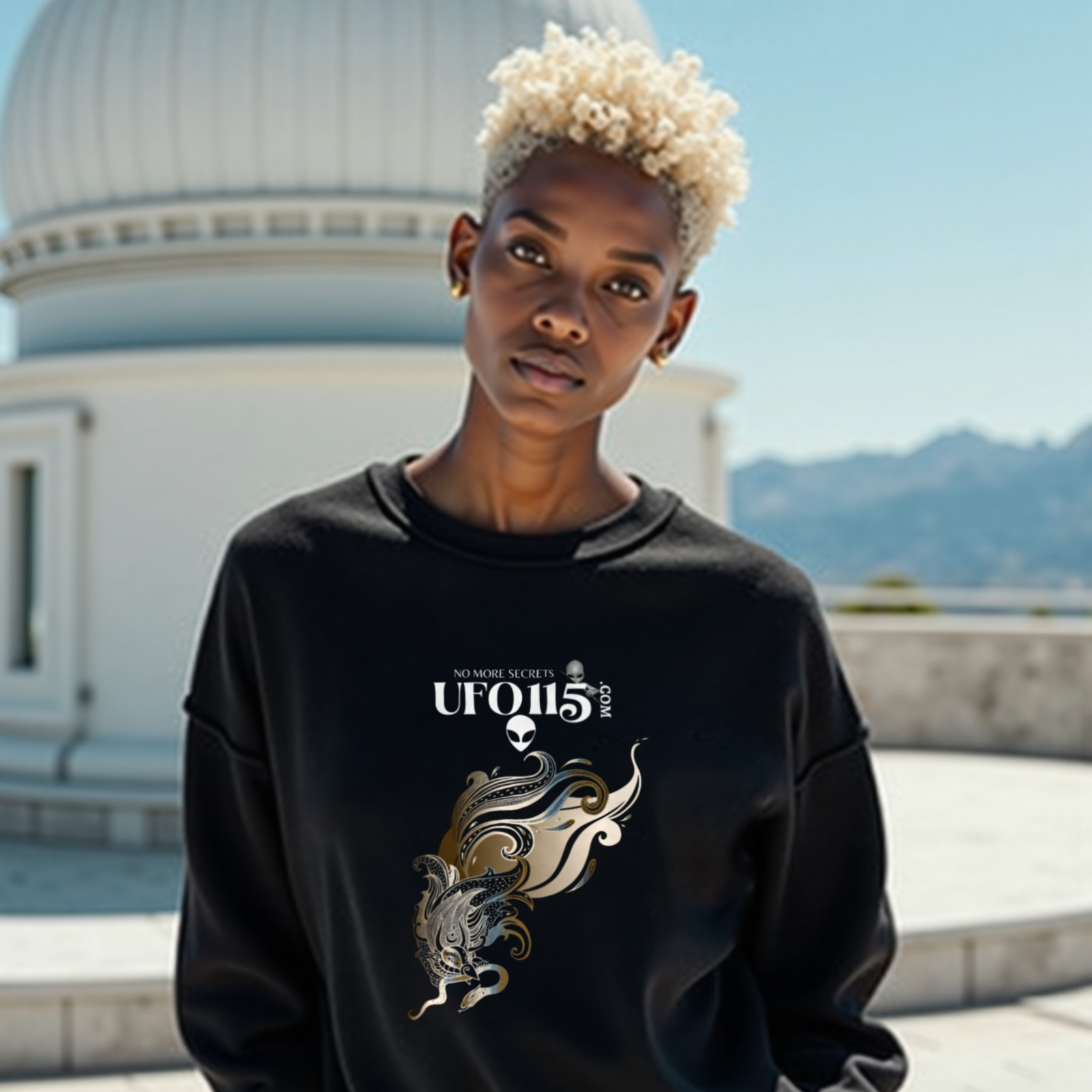 Garuda Bird crewneck sweatshirt in Black, worn by a model (on the white stone terrace of a mountain-top observatory on a bright clear day). AI-generated image: model and scene are AI-generated; the print is the real artwork.