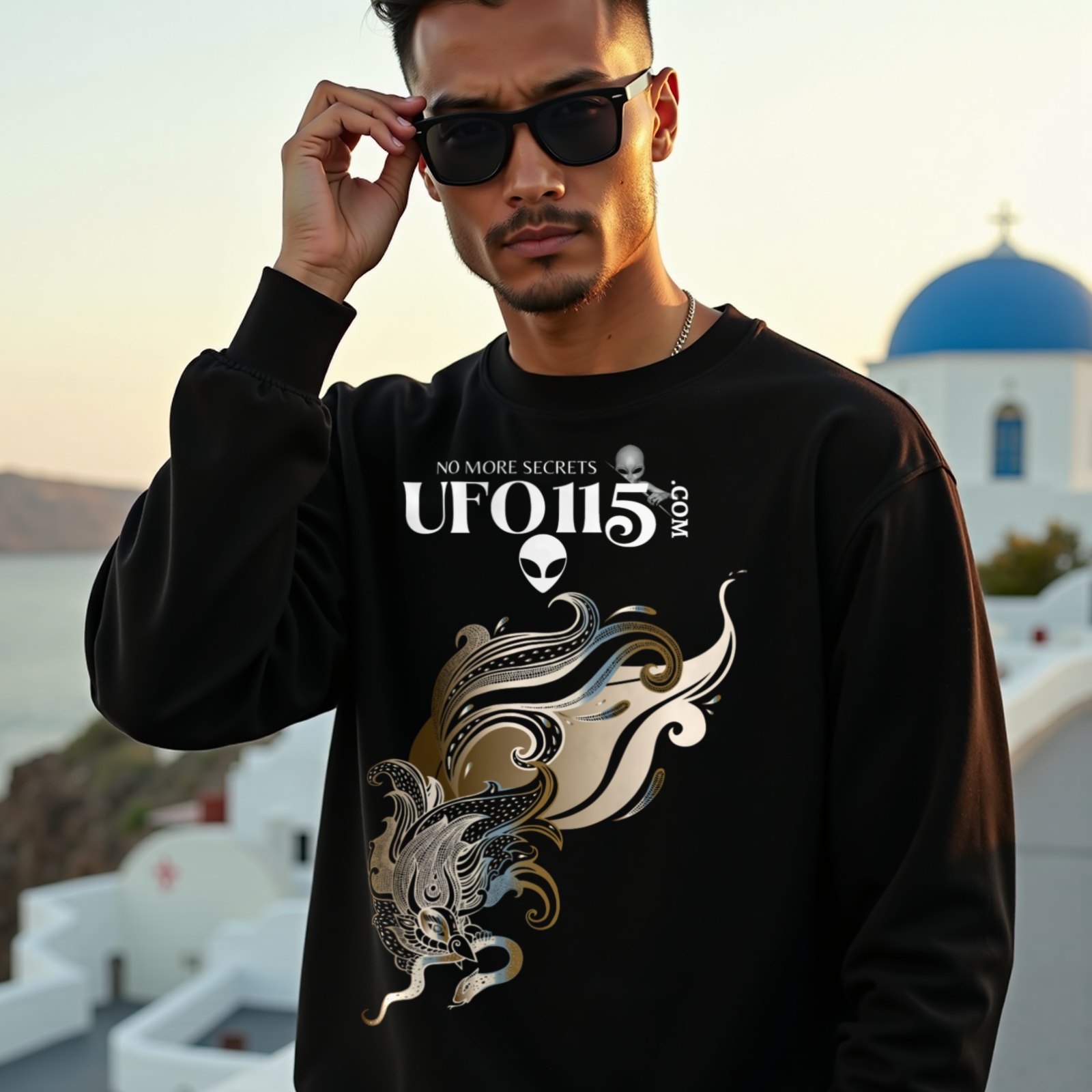 Garuda Bird crewneck sweatshirt in Black, worn by a model (on a whitewashed Santorini terrace at golden hour). AI-generated image: model and scene are AI-generated; the print is the real artwork.