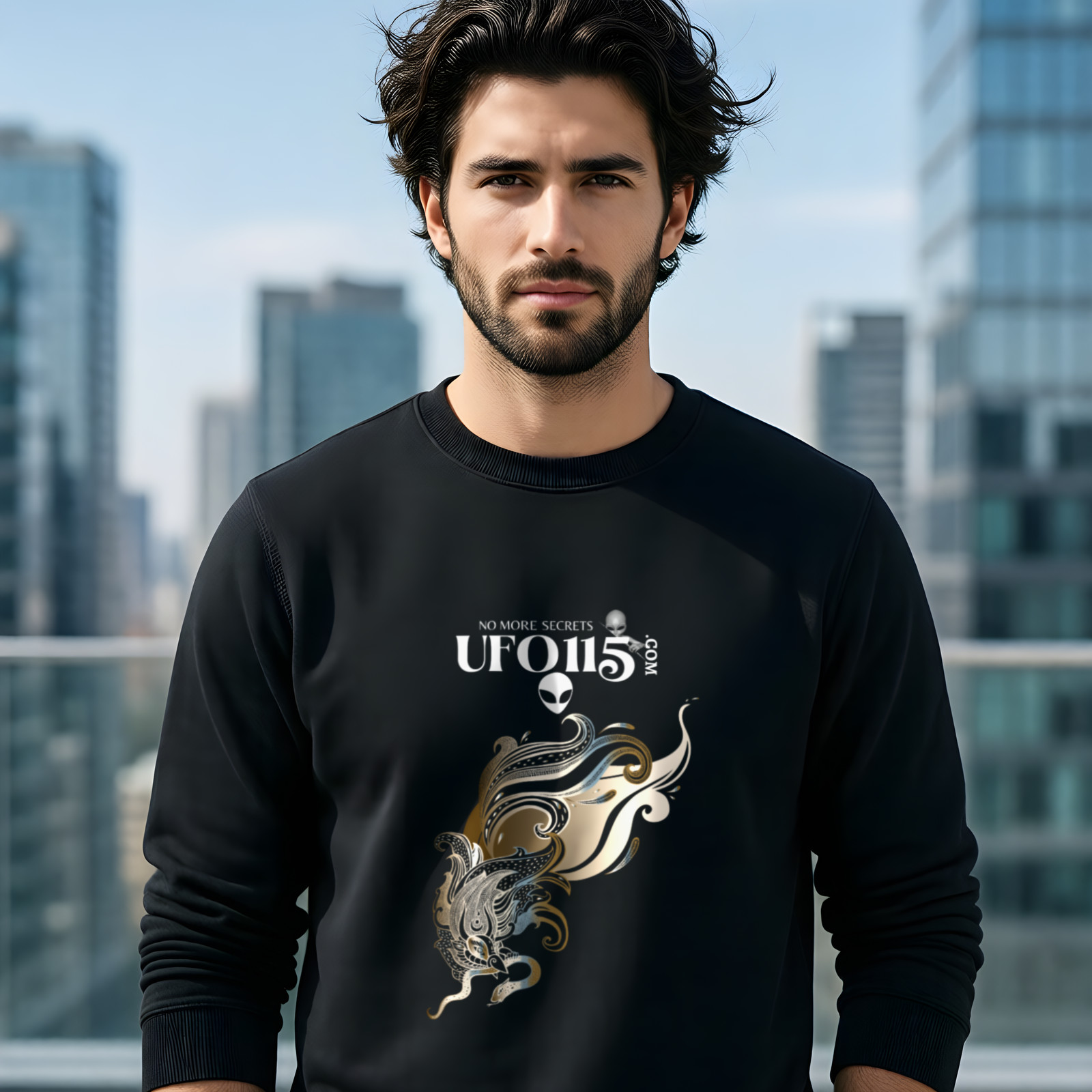 Garuda Bird crewneck sweatshirt in Black, worn by a model (on a rooftop terrace above a modern city skyline on a clear day).