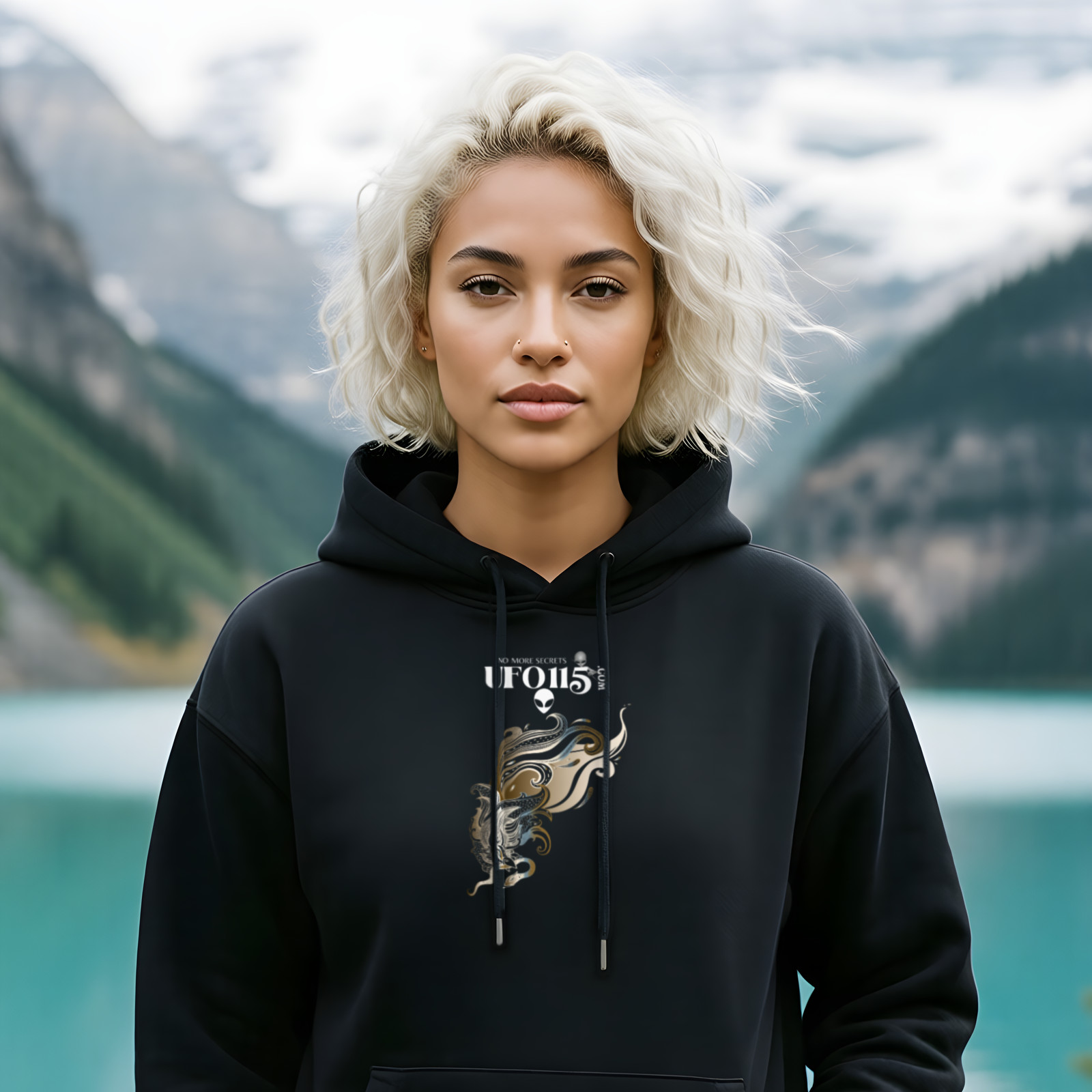 Garuda Bird hoodie in Black, worn by a model (on a lookout above a turquoise alpine lake).