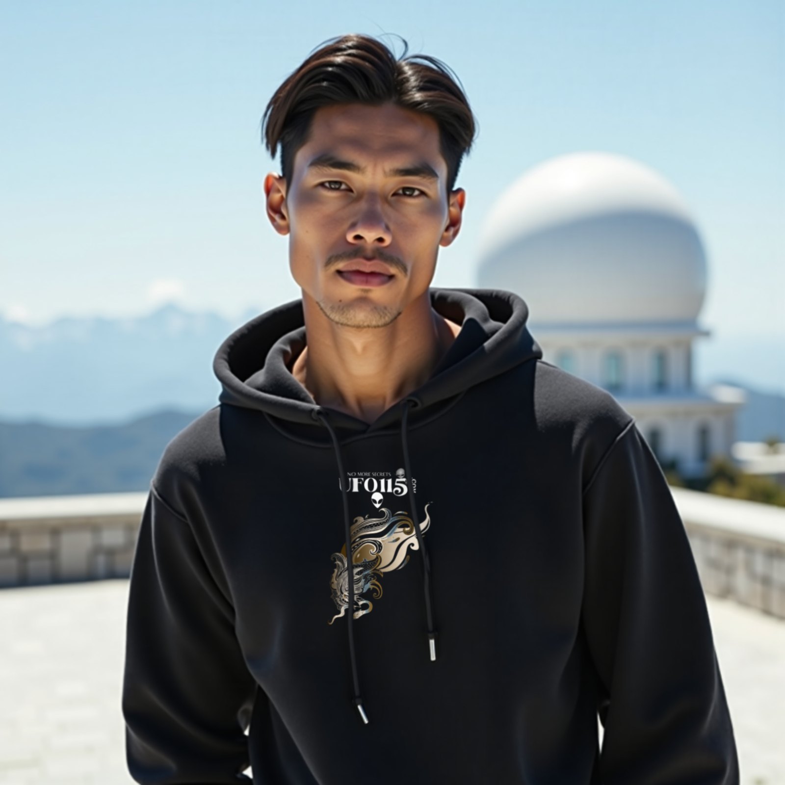Garuda Bird hoodie in Black, worn by a model (on the white stone terrace of a mountain-top observatory on a bright clear day). AI-generated image: model and scene are AI-generated; the print is the real artwork.