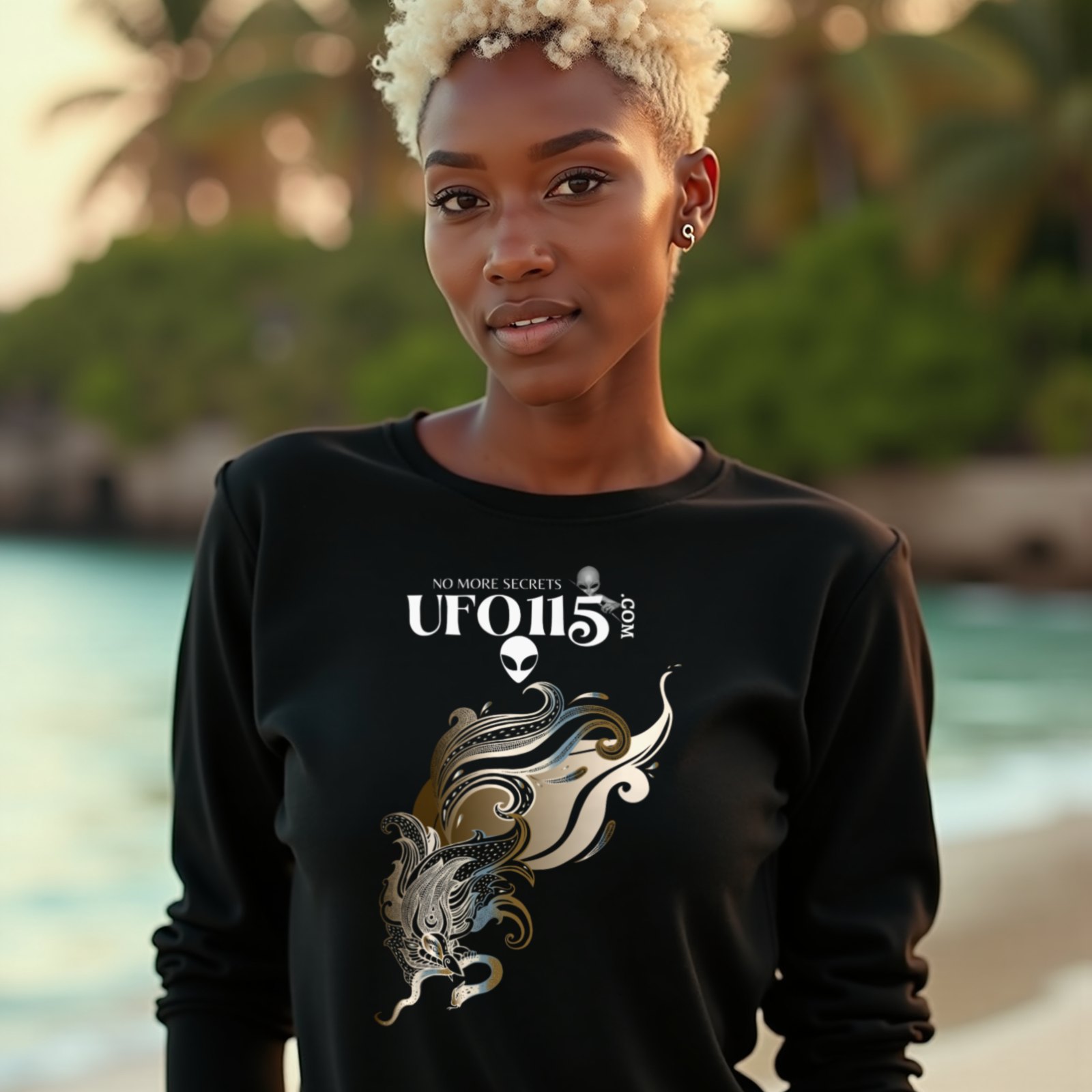 Garuda Bird long-sleeve T-shirt in Black, worn by a model (on a tropical beach at golden hour). AI-generated image: model and scene are AI-generated; the print is the real artwork.