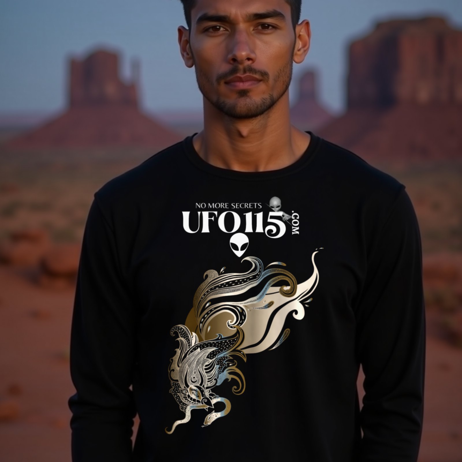 Garuda Bird long-sleeve T-shirt in Black, worn by a model (in Monument Valley at dusk). AI-generated image: model and scene are AI-generated; the print is the real artwork.