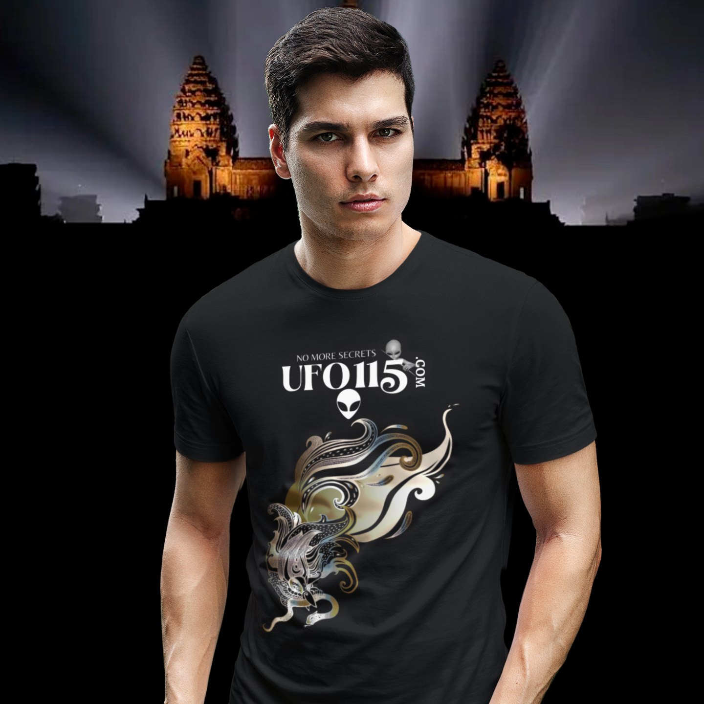 Garuda Bird T-shirt in Black, front print, worn by a model (Angkor temple light beams). AI-edited photo: the real print artwork was digitally placed on a model photo.
