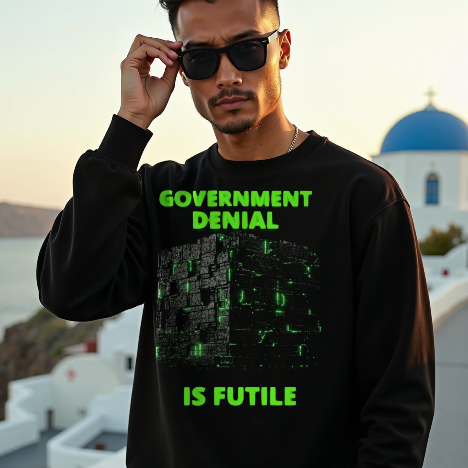Government Denial Is Futile crewneck sweatshirt in Black, worn by a model (on a whitewashed Santorini terrace at golden hour). AI-generated image: model and scene are AI-generated; the print is the real artwork.