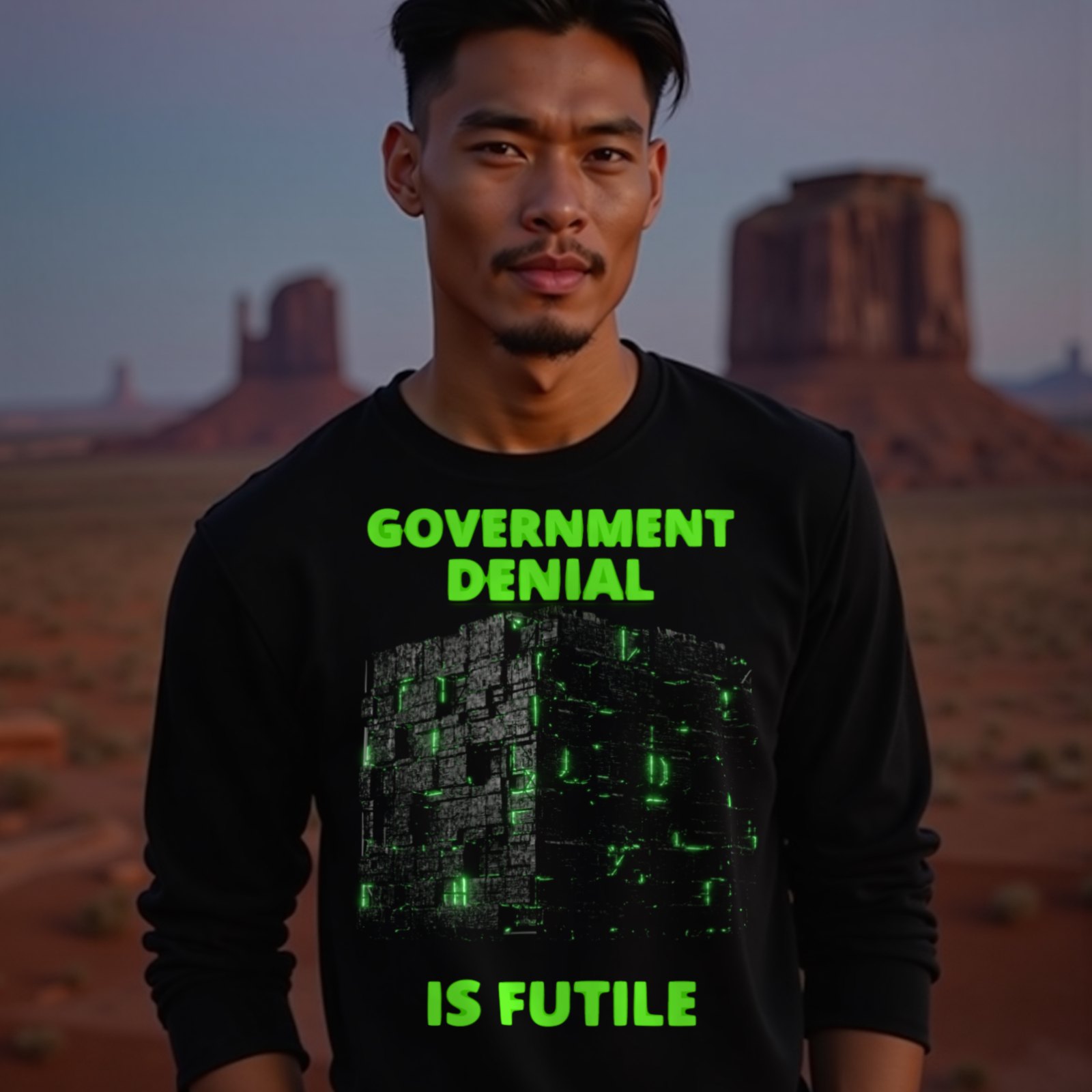 Government Denial Is Futile long-sleeve T-shirt in Black, worn by a model (in Monument Valley at dusk). AI-generated image: model and scene are AI-generated; the print is the real artwork.