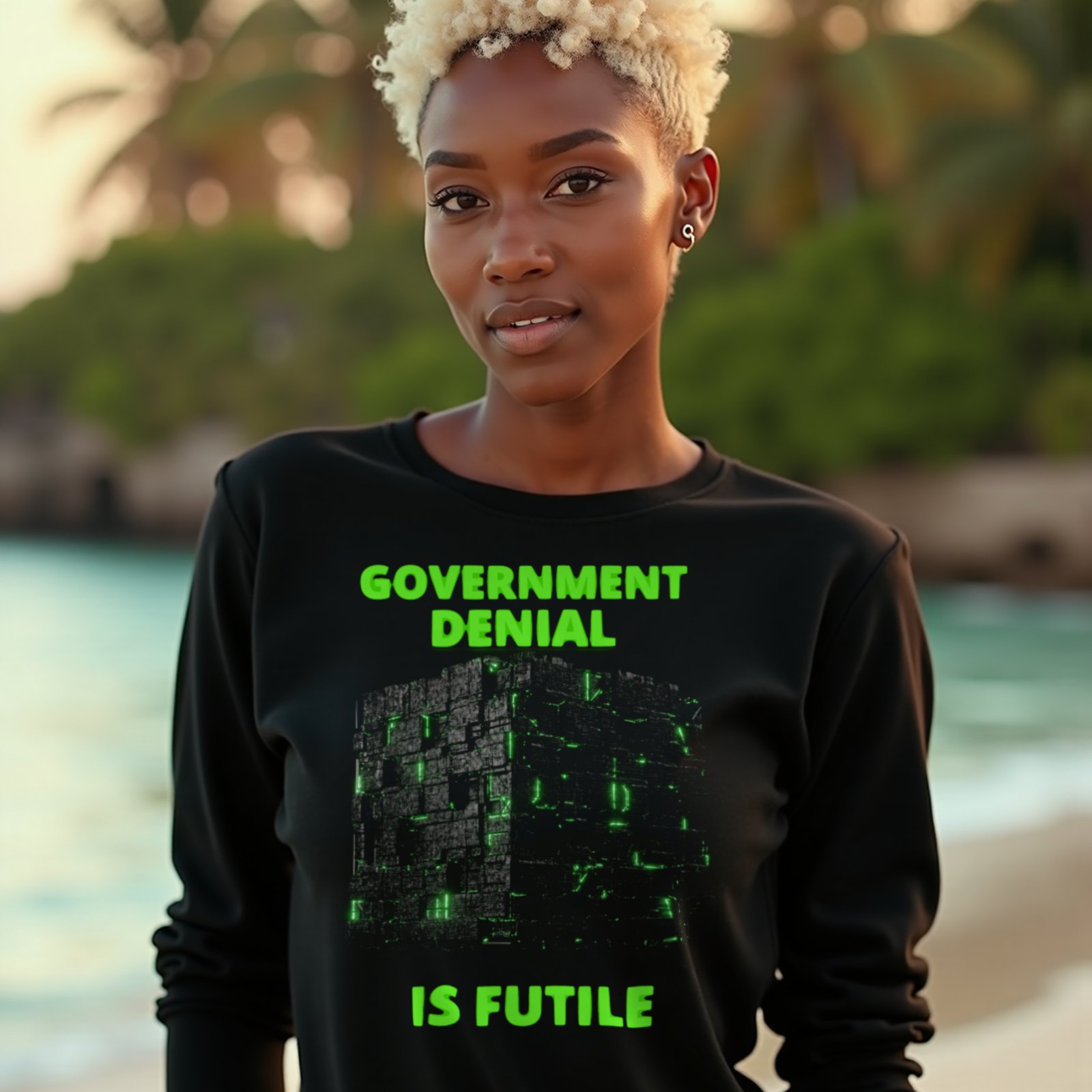 Government Denial Is Futile long-sleeve T-shirt in Black, worn by a model (on a tropical beach at golden hour). AI-generated image: model and scene are AI-generated; the print is the real artwork.