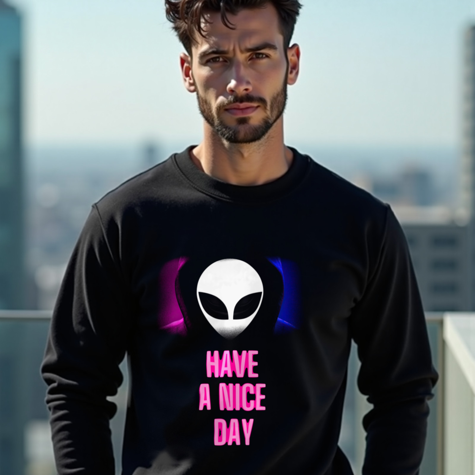 Have a Nice Day Alien crewneck sweatshirt in Black, worn by a model (on a rooftop terrace above a modern city skyline on a clear day). AI-generated image: model and scene are AI-generated; the print is the real artwork.