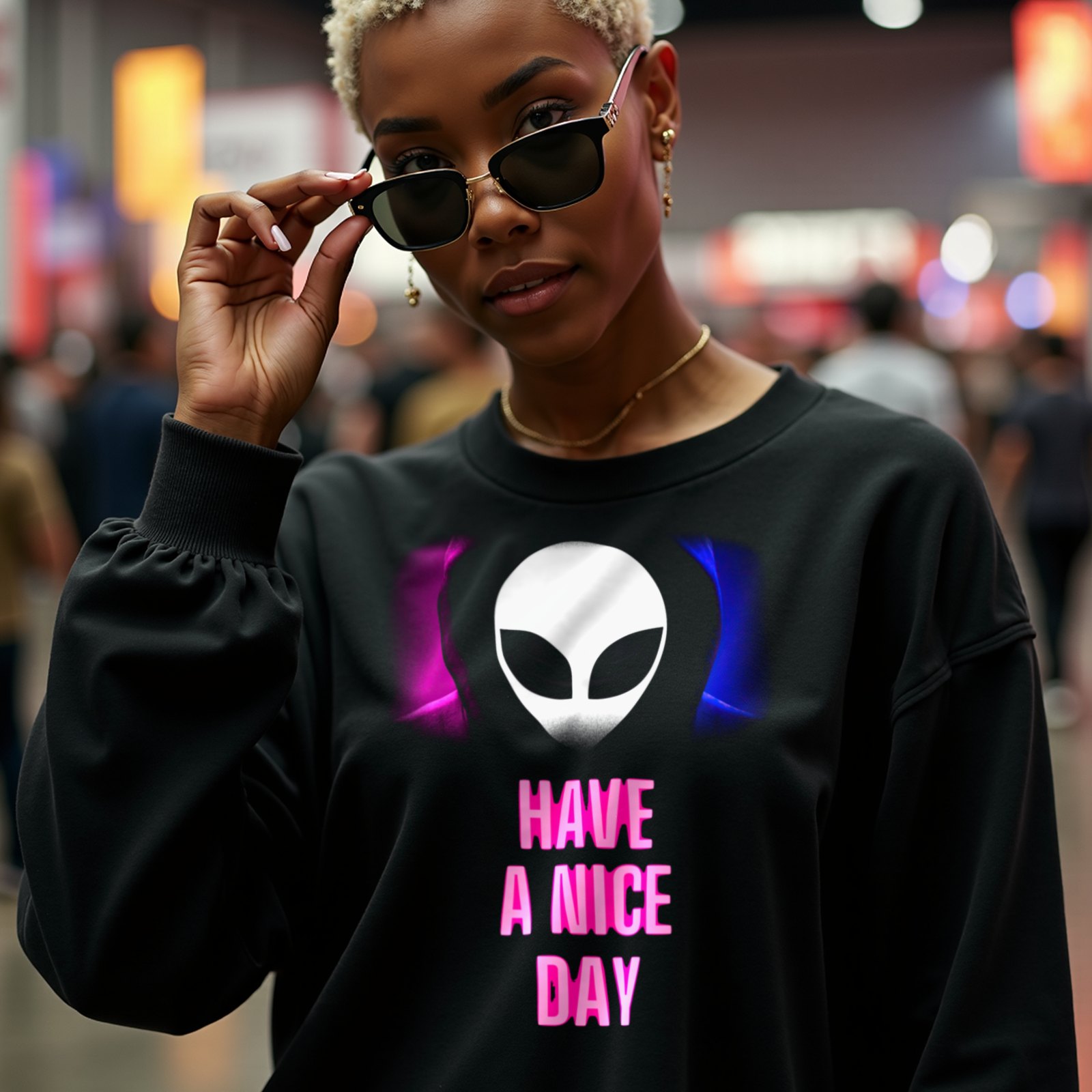 Have a Nice Day Alien crewneck sweatshirt in Black, worn by a model (in a busy science-fiction fan convention hall). AI-generated image: model and scene are AI-generated; the print is the real artwork.