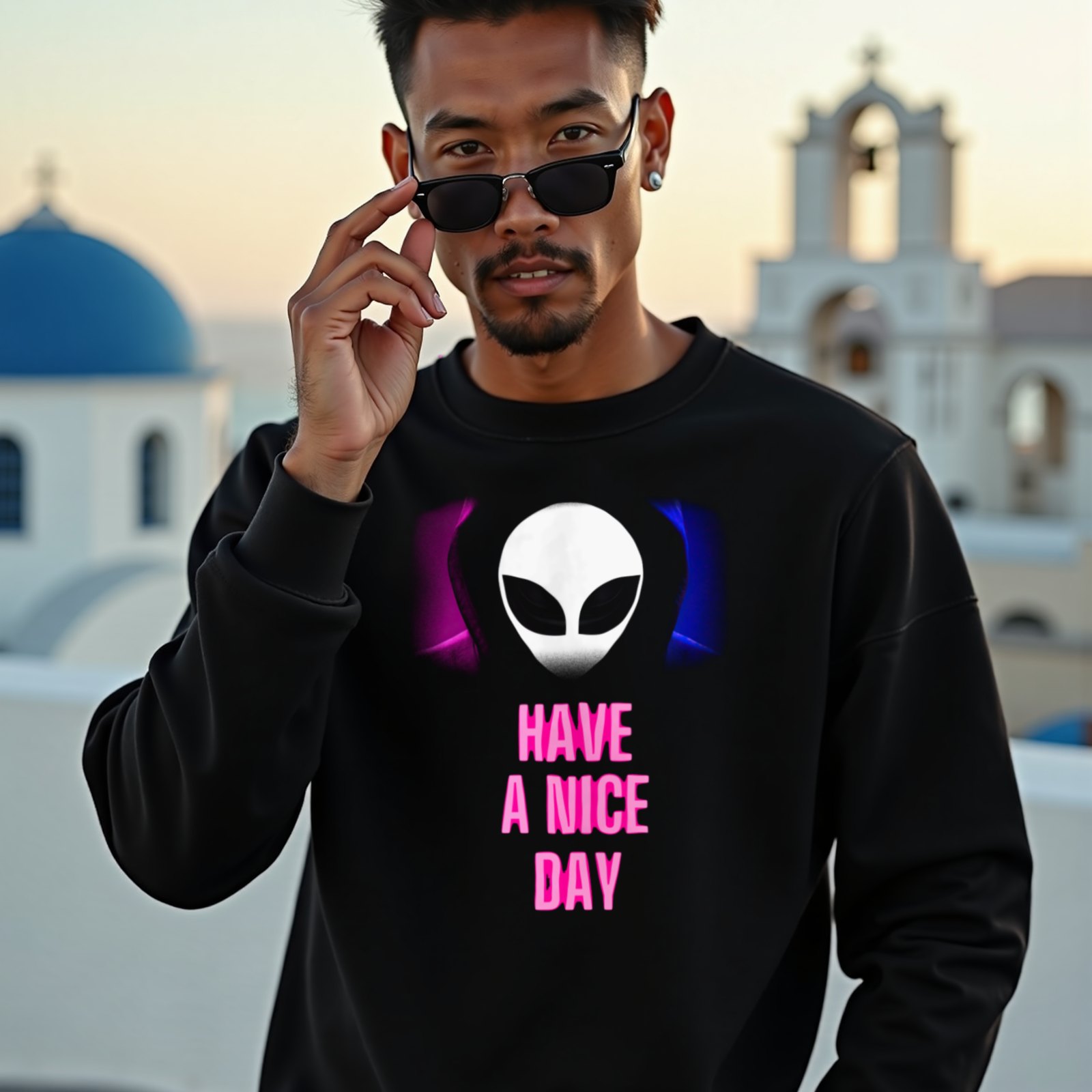Have a Nice Day Alien crewneck sweatshirt in Black, worn by a model (on a whitewashed Santorini terrace at golden hour). AI-generated image: model and scene are AI-generated; the print is the real artwork.