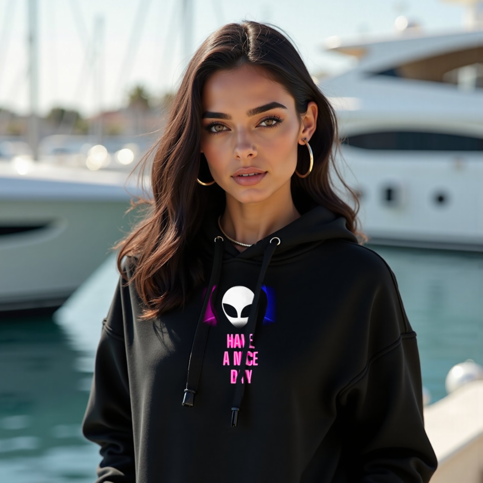 Have a Nice Day Alien hoodie in Black, worn by a model (on the teak deck of a sleek yacht in a sunlit Mediterranean marina). AI-generated image: model and scene are AI-generated; the print is the real artwork.