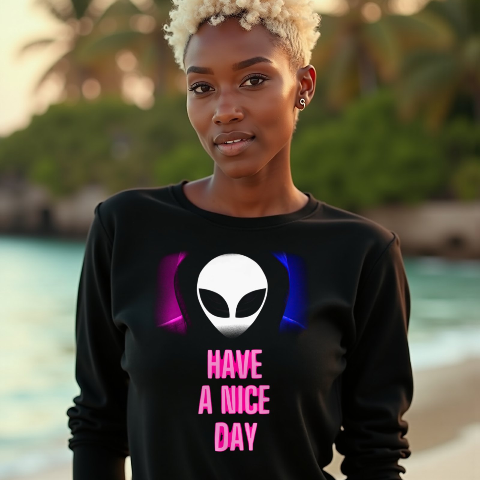 Have a Nice Day Alien long-sleeve T-shirt in Black, worn by a model (on a tropical beach at golden hour). AI-generated image: model and scene are AI-generated; the print is the real artwork.