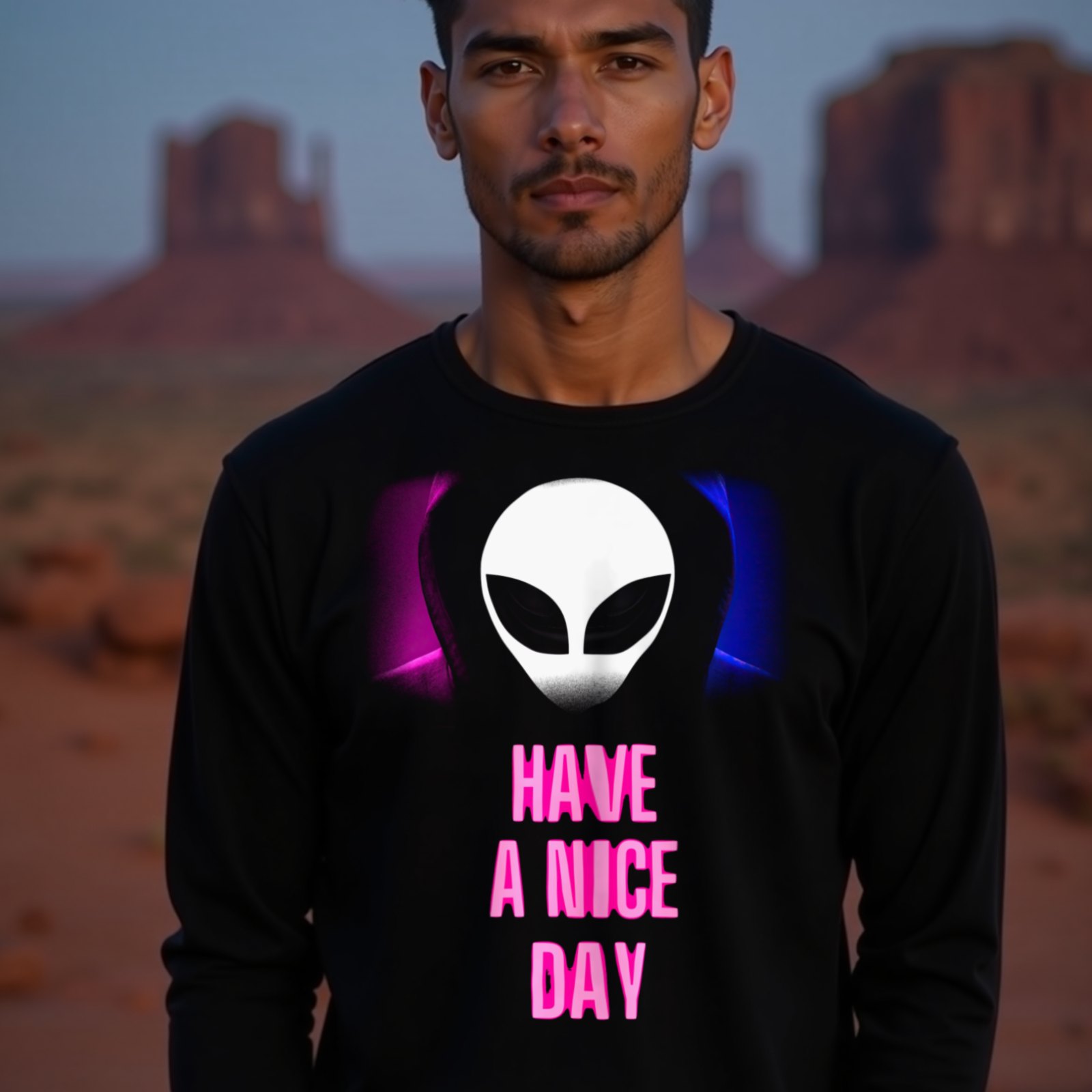 Have a Nice Day Alien long-sleeve T-shirt in Black, worn by a model (in Monument Valley at dusk). AI-generated image: model and scene are AI-generated; the print is the real artwork.