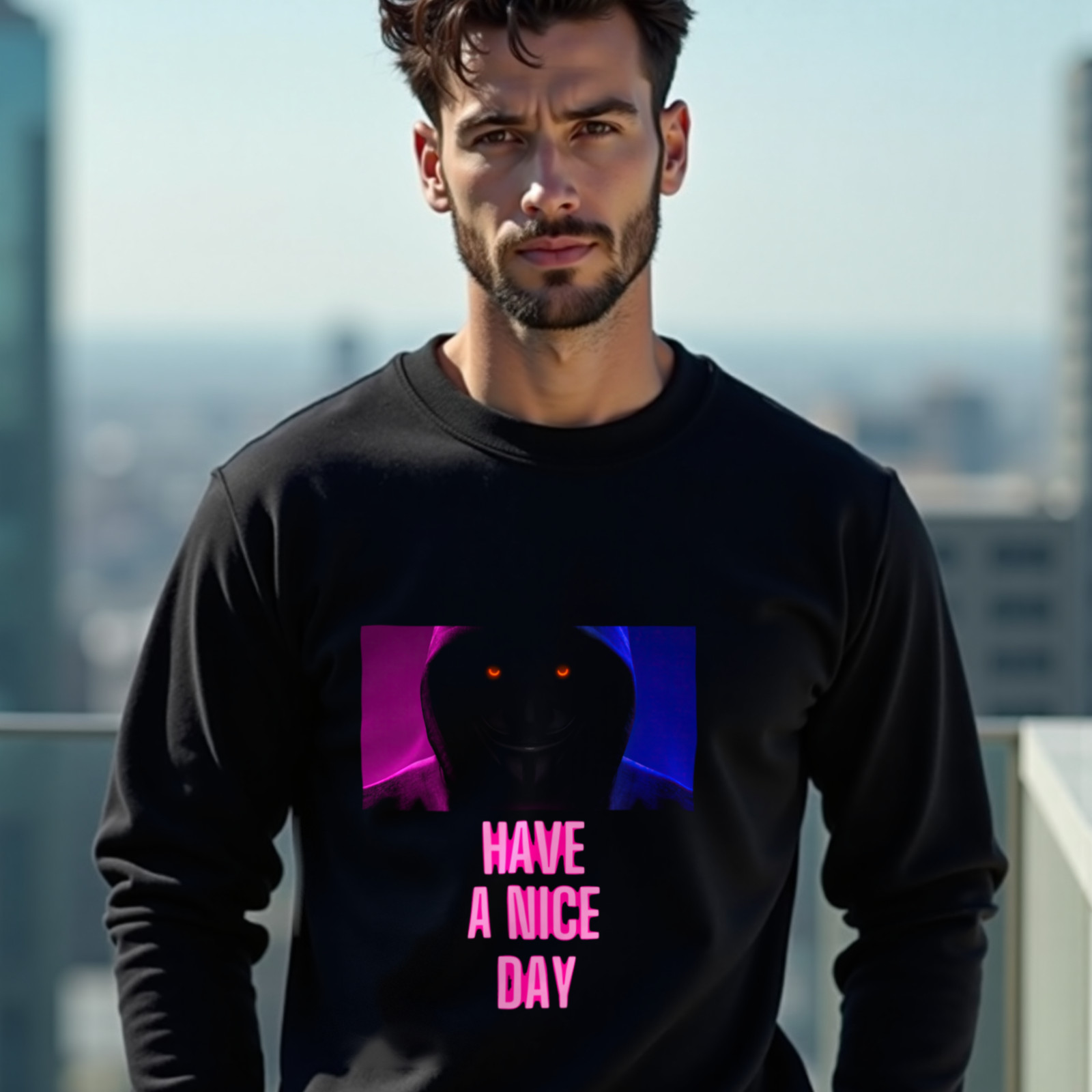 Have a Nice Day Mask crewneck sweatshirt in Black, worn by a model (on a rooftop terrace above a modern city skyline on a clear day). AI-generated image: model and scene are AI-generated; the print is the real artwork.