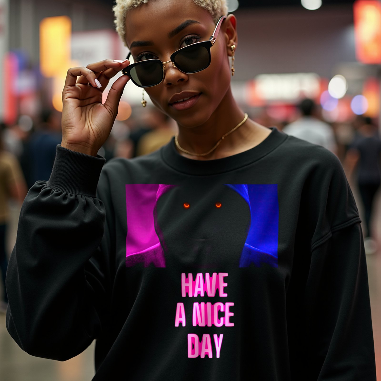Have a Nice Day Mask crewneck sweatshirt in Black, worn by a model (in a busy science-fiction fan convention hall). AI-generated image: model and scene are AI-generated; the print is the real artwork.