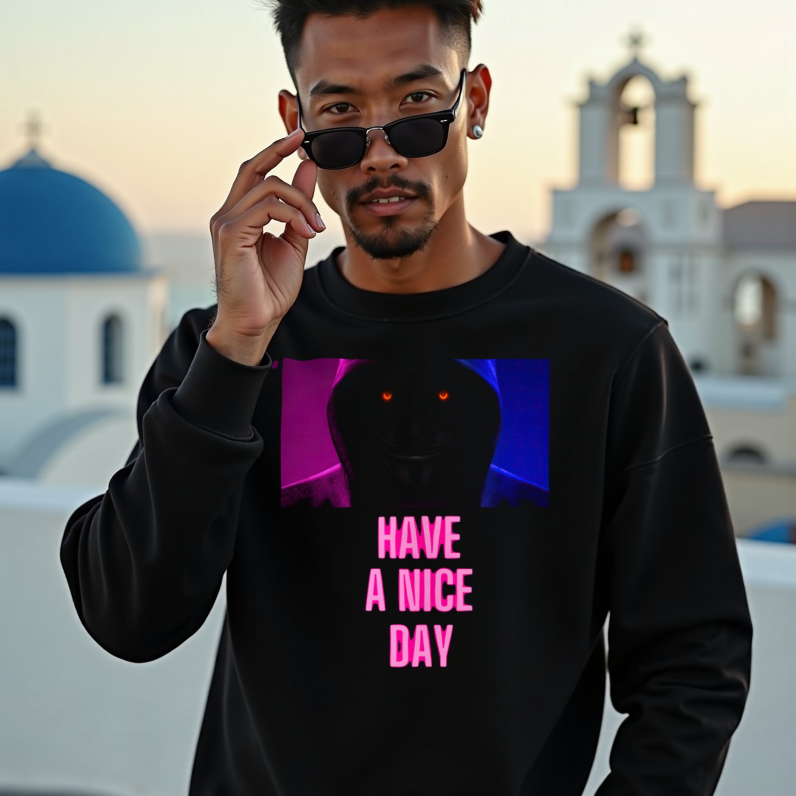 Have a Nice Day Mask crewneck sweatshirt in Black, worn by a model (on a whitewashed Santorini terrace at golden hour). AI-generated image: model and scene are AI-generated; the print is the real artwork.