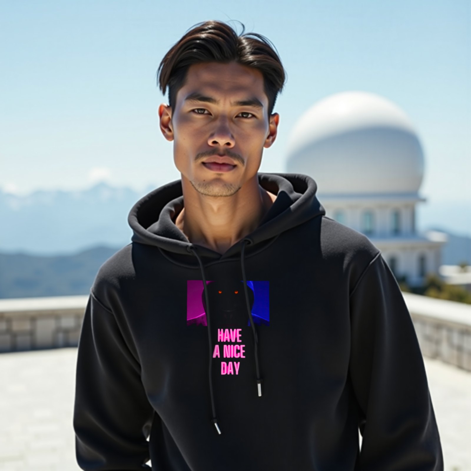 Have a Nice Day Mask hoodie in Black, worn by a model (on the white stone terrace of a mountain-top observatory on a bright clear day). AI-generated image: model and scene are AI-generated; the print is the real artwork.