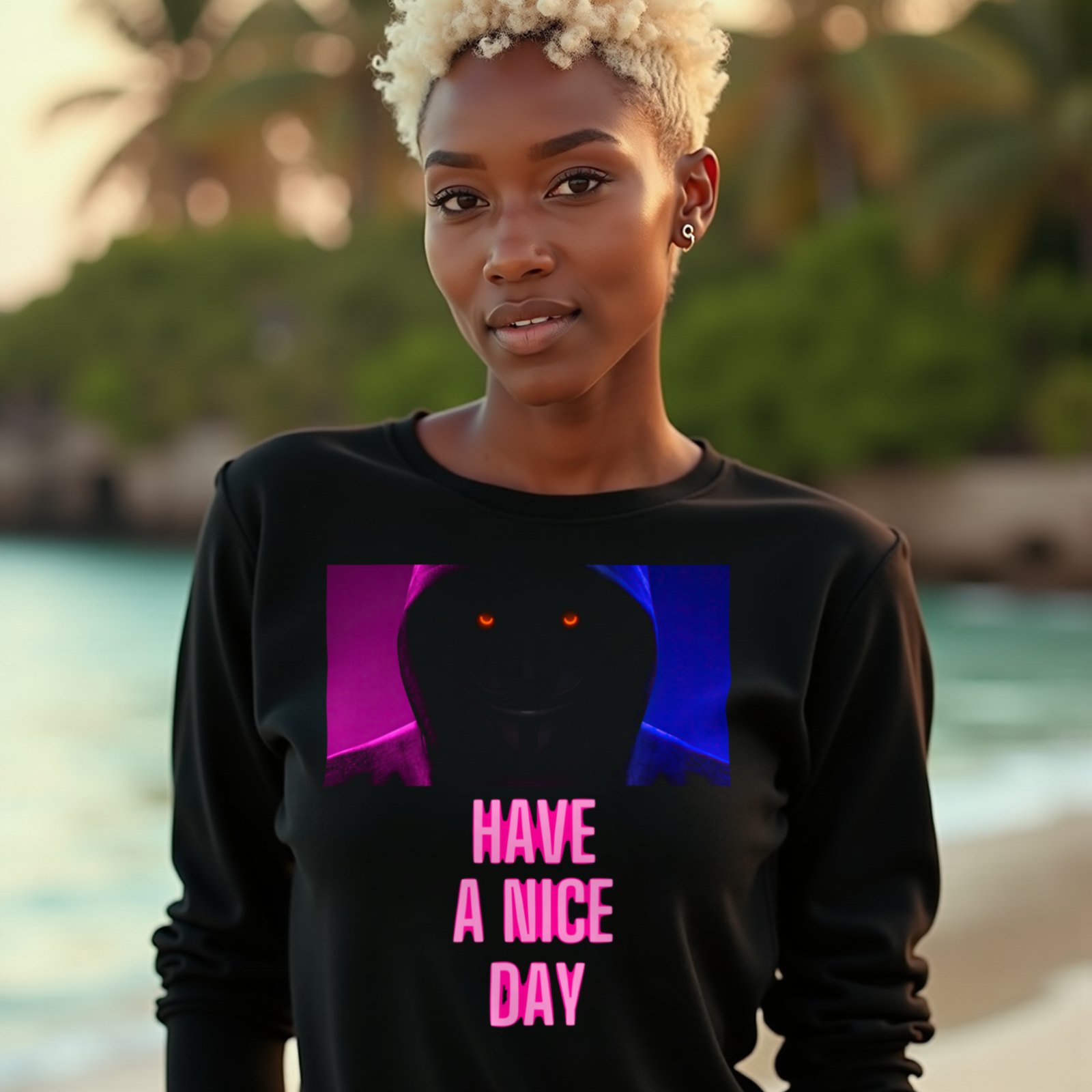 Have a Nice Day Mask long-sleeve T-shirt in Black, worn by a model (on a tropical beach at golden hour). AI-generated image: model and scene are AI-generated; the print is the real artwork.
