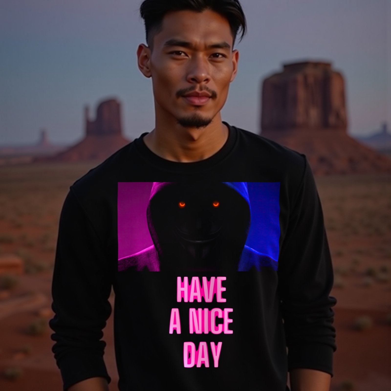 Have a Nice Day Mask long-sleeve T-shirt in Black, worn by a model (in Monument Valley at dusk). AI-generated image: model and scene are AI-generated; the print is the real artwork.