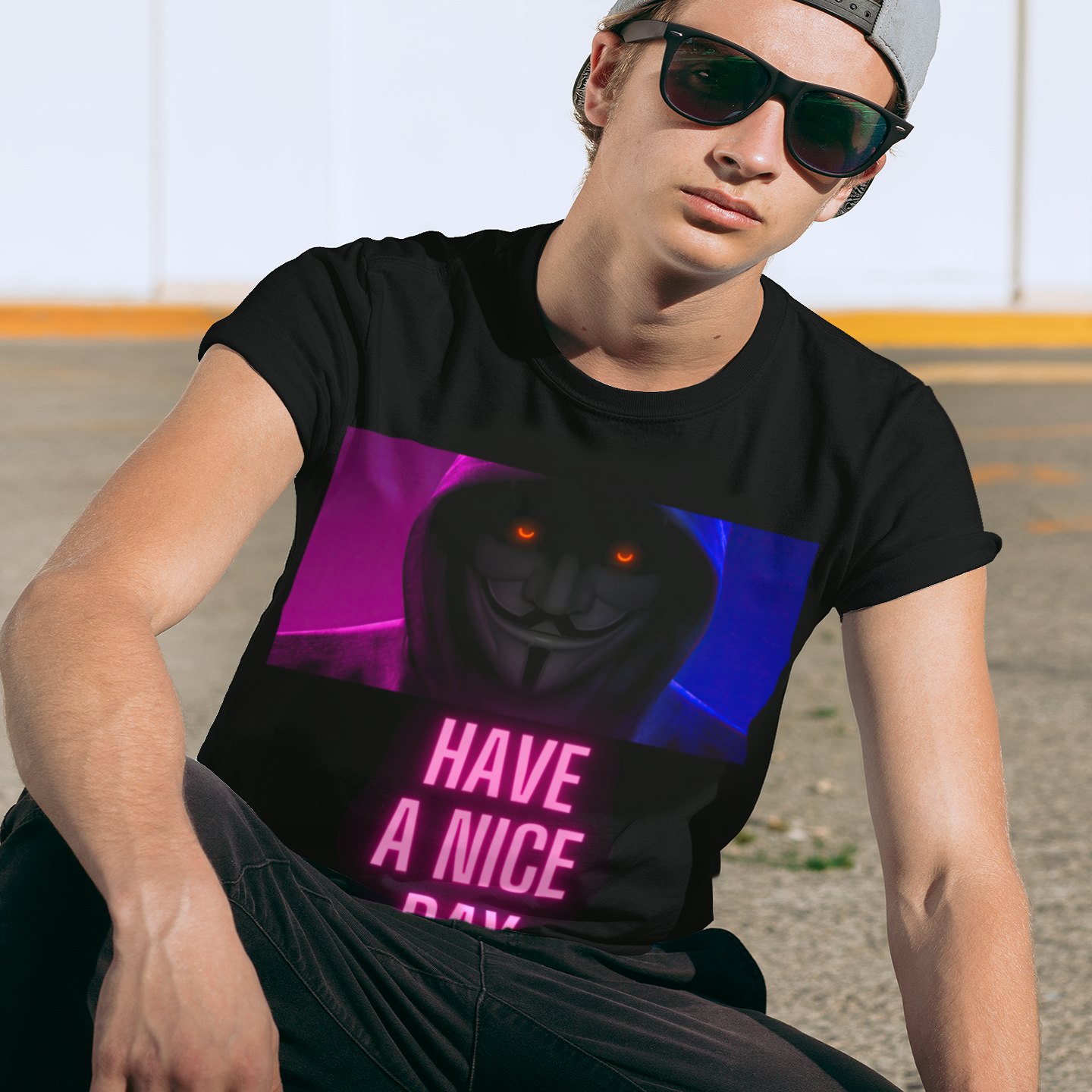 Have a Nice Day Mask T-shirt in Black, front print, worn by a model (urban crouch, day). AI-edited photo: the real print artwork was digitally placed on a model photo.