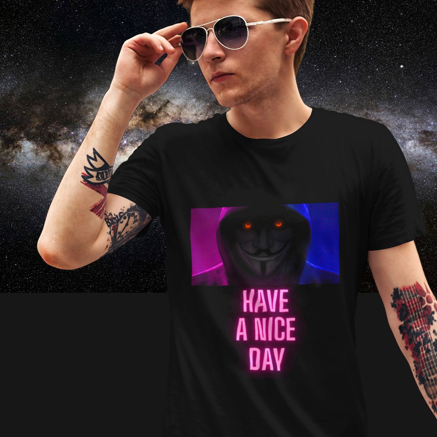 Have a Nice Day Mask T-shirt in Black, front print, worn by a model (Milky Way night). AI-edited photo: the real print artwork was digitally placed on a model photo.