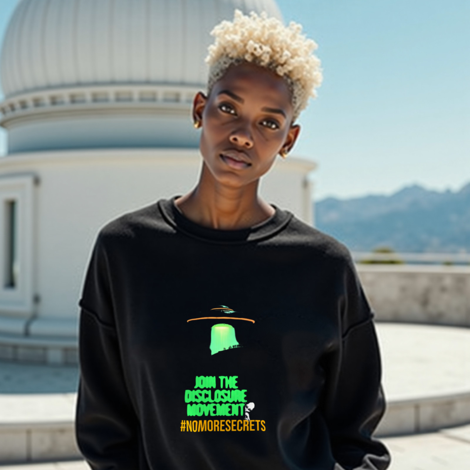 Join the Disclosure Movement crewneck sweatshirt in Black, worn by a model (on the white stone terrace of a mountain-top observatory on a bright clear day). AI-generated image: model and scene are AI-generated; the print is the real artwork.