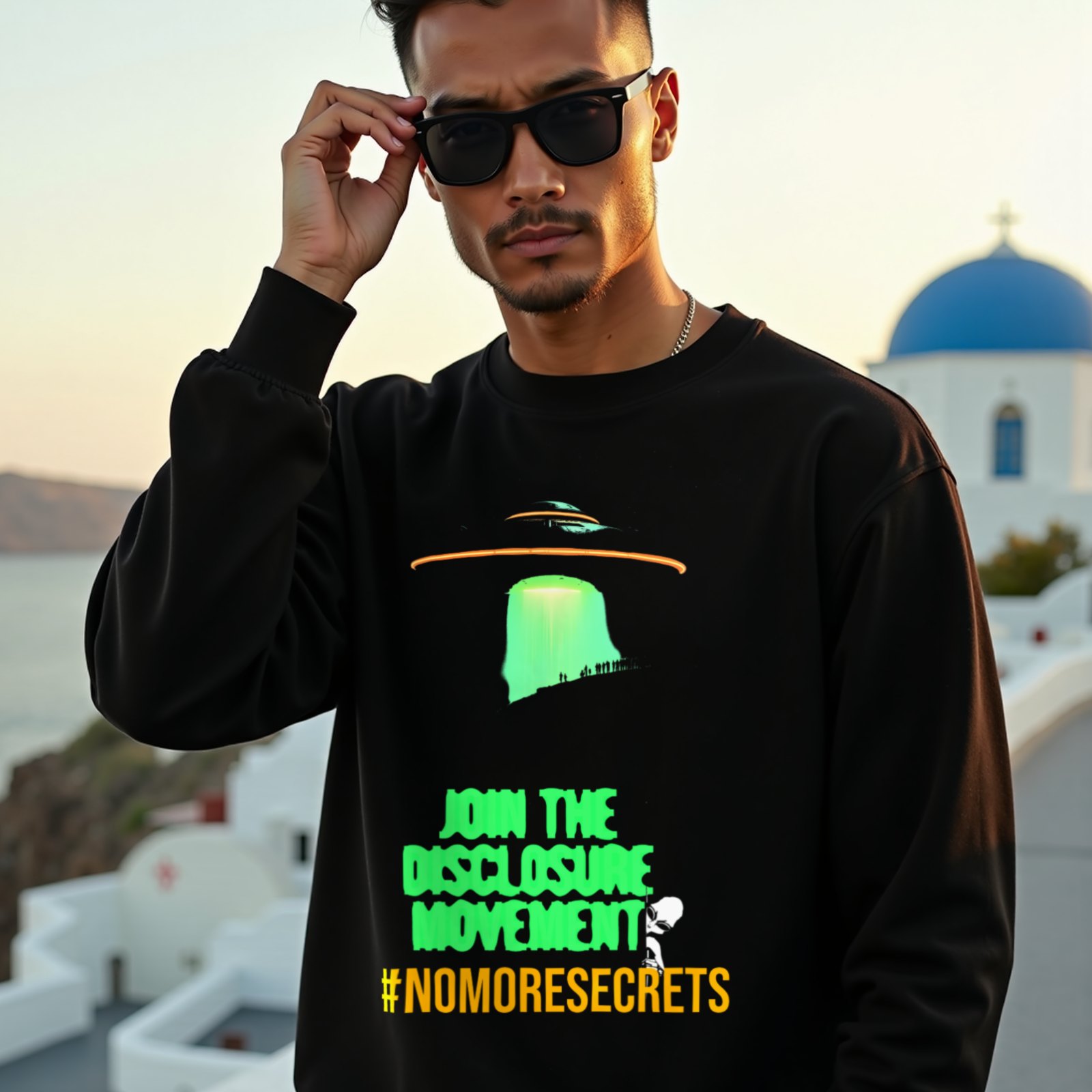 Join the Disclosure Movement crewneck sweatshirt in Black, worn by a model (on a whitewashed Santorini terrace at golden hour). AI-generated image: model and scene are AI-generated; the print is the real artwork.