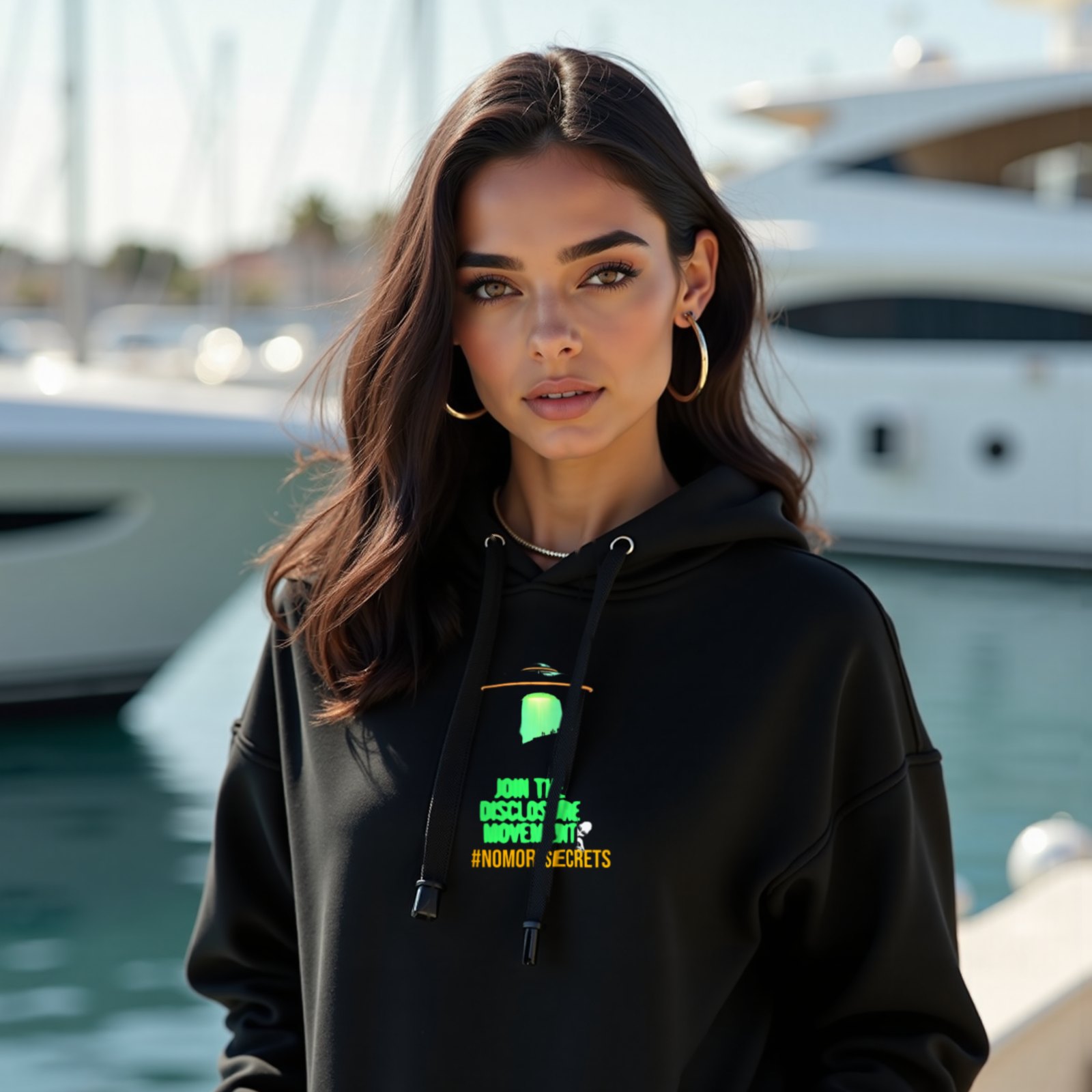 Join the Disclosure Movement hoodie in Black, worn by a model (on the teak deck of a sleek yacht in a sunlit Mediterranean marina). AI-generated image: model and scene are AI-generated; the print is the real artwork.